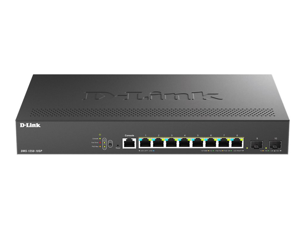 D-Link DMS 1250-10SP - Commutateur - C2+ - intelligent - 8 x 10/100/1000/2.5G (PoE+) + 2 x 10 Gigabit SFP+ - de bureau - PoE+ (240 W) - DMS-1250-10SP/E - Commutateurs gérés