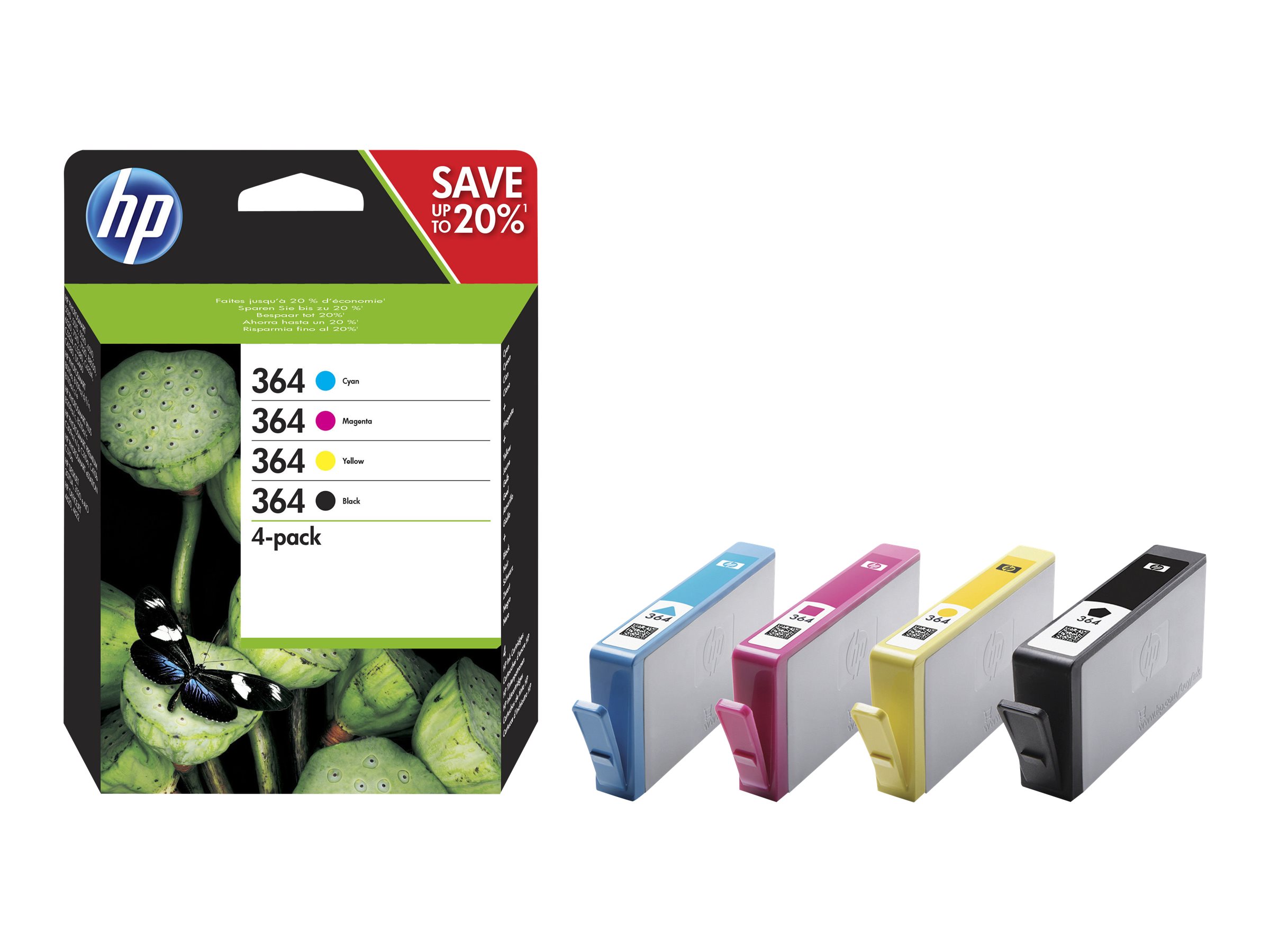 HP 364 - Pack de 4 - noir, jaune, cyan, magenta - original - blister - cartouche d'encre - pour Deskjet 35XX; Photosmart 55XX, 55XX B111, 65XX, 7510 C311, 7520, Wireless B110 - N9J73AE#301 - Cartouches d'imprimante