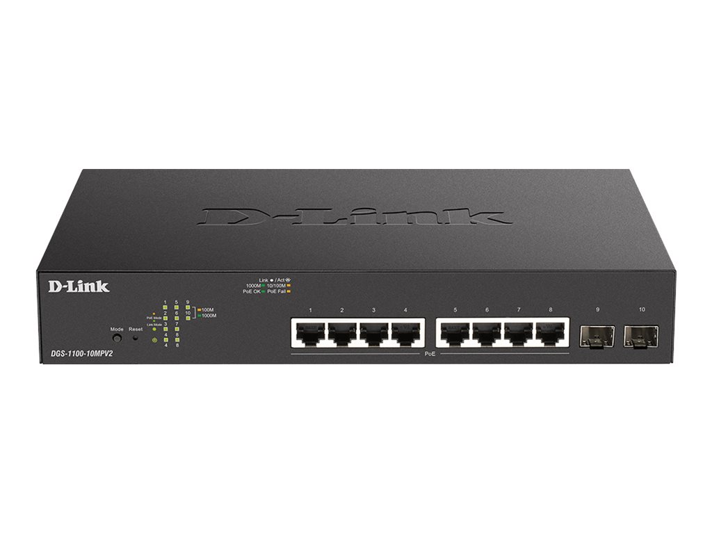 D-Link DGS 1100-10MPV2 - Commutateur - intelligent - 8 x 10/100/1000 (PoE) + 2 x Gigabit SFP - Montable sur rack - PoE (130 W) - DGS-1100-10MPV2 - Concentrateurs et commutateurs gigabit