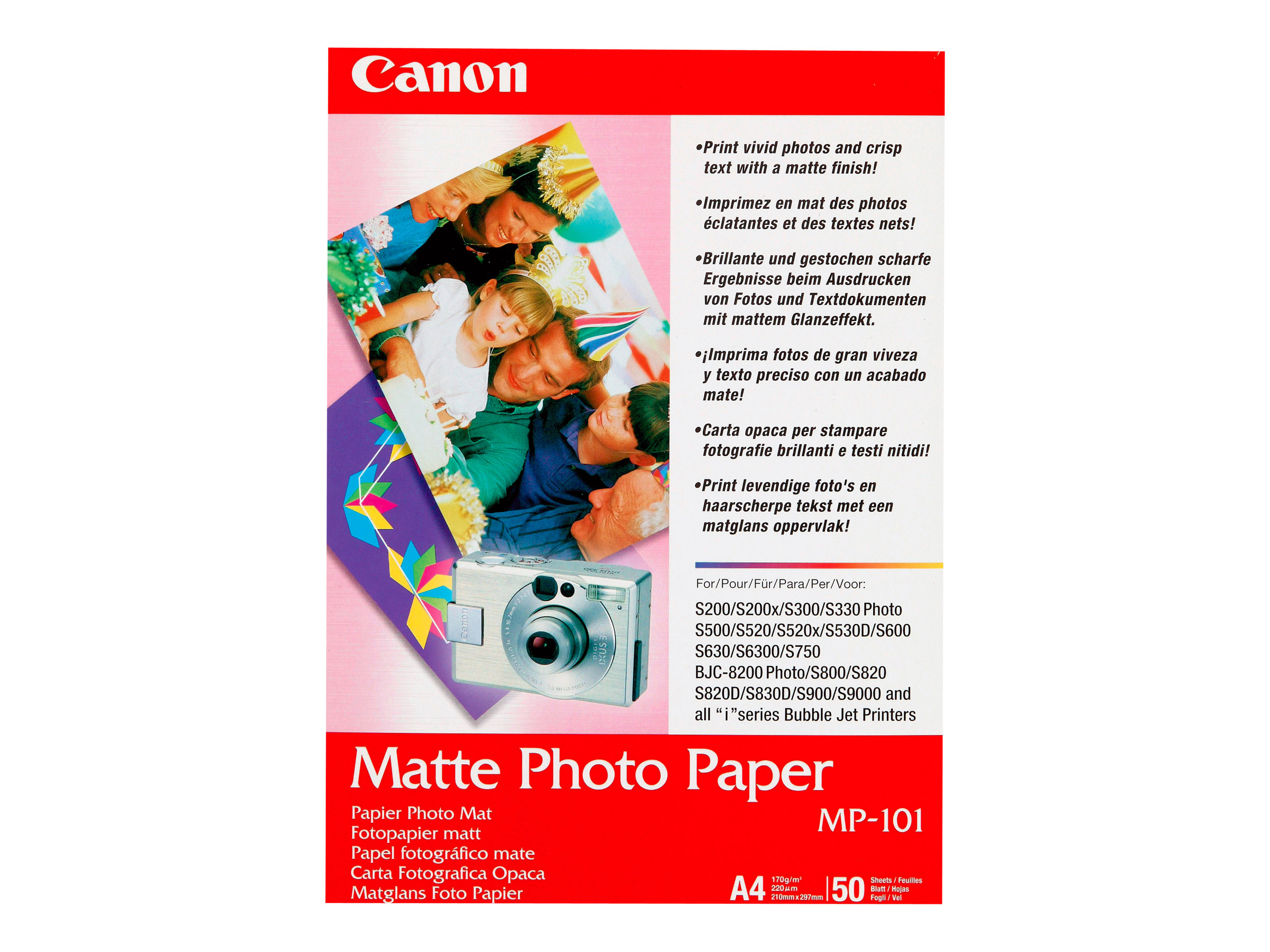 Canon MP-101 - Mat - A4 (210 x 297 mm) 50 feuille(s) papier photo - pour PIXMA iP90, iX7000, MG8250, MP490, MP550, MP560, MP960, MX330, PRO-1, PRO-10, 100, TS7450 - 7981A005 - Papier photo