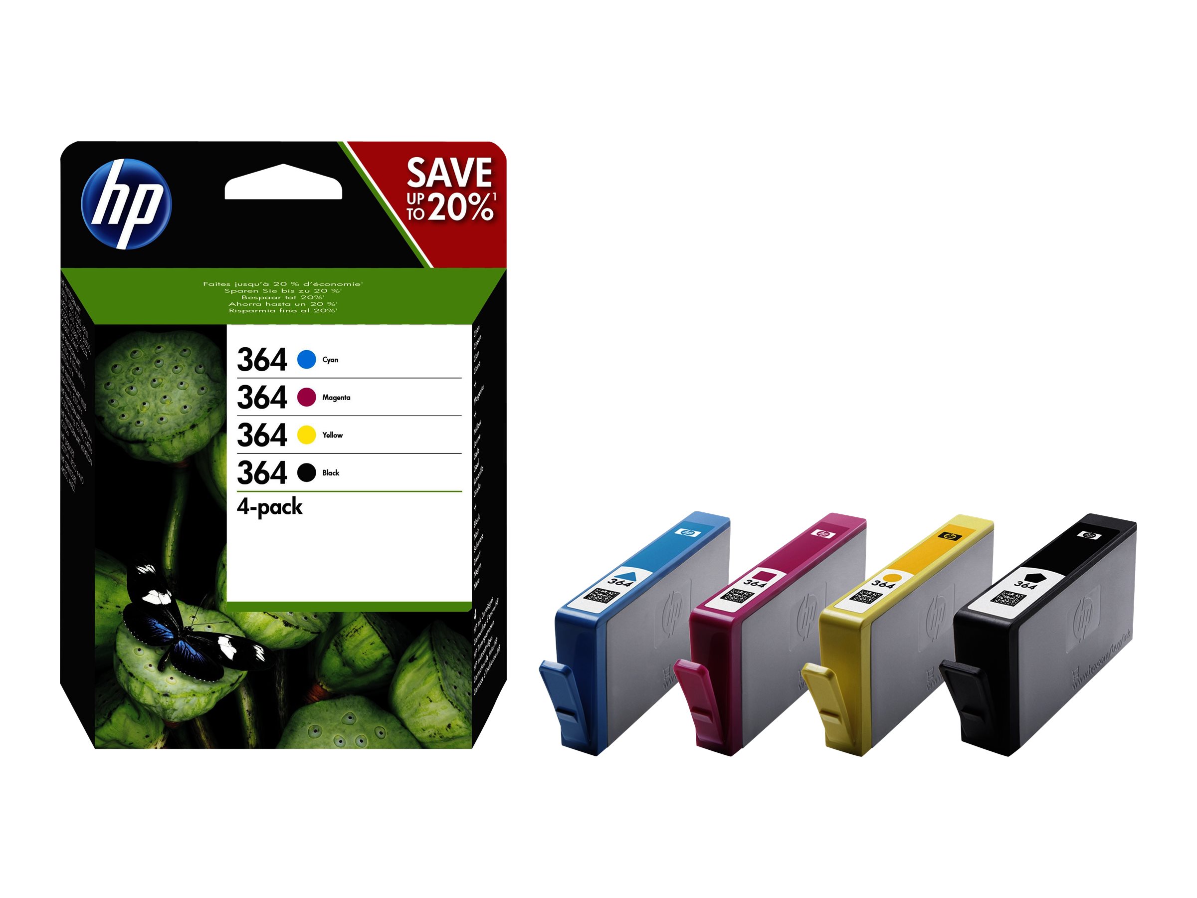 HP 364 - Pack de 4 - noir, jaune, cyan, magenta - original - cartouche d'encre - pour Deskjet 35XX; Photosmart 55XX, 55XX B111, 65XX, 7510 C311, 7520, Wireless B110 - N9J73AE - Cartouches d'imprimante