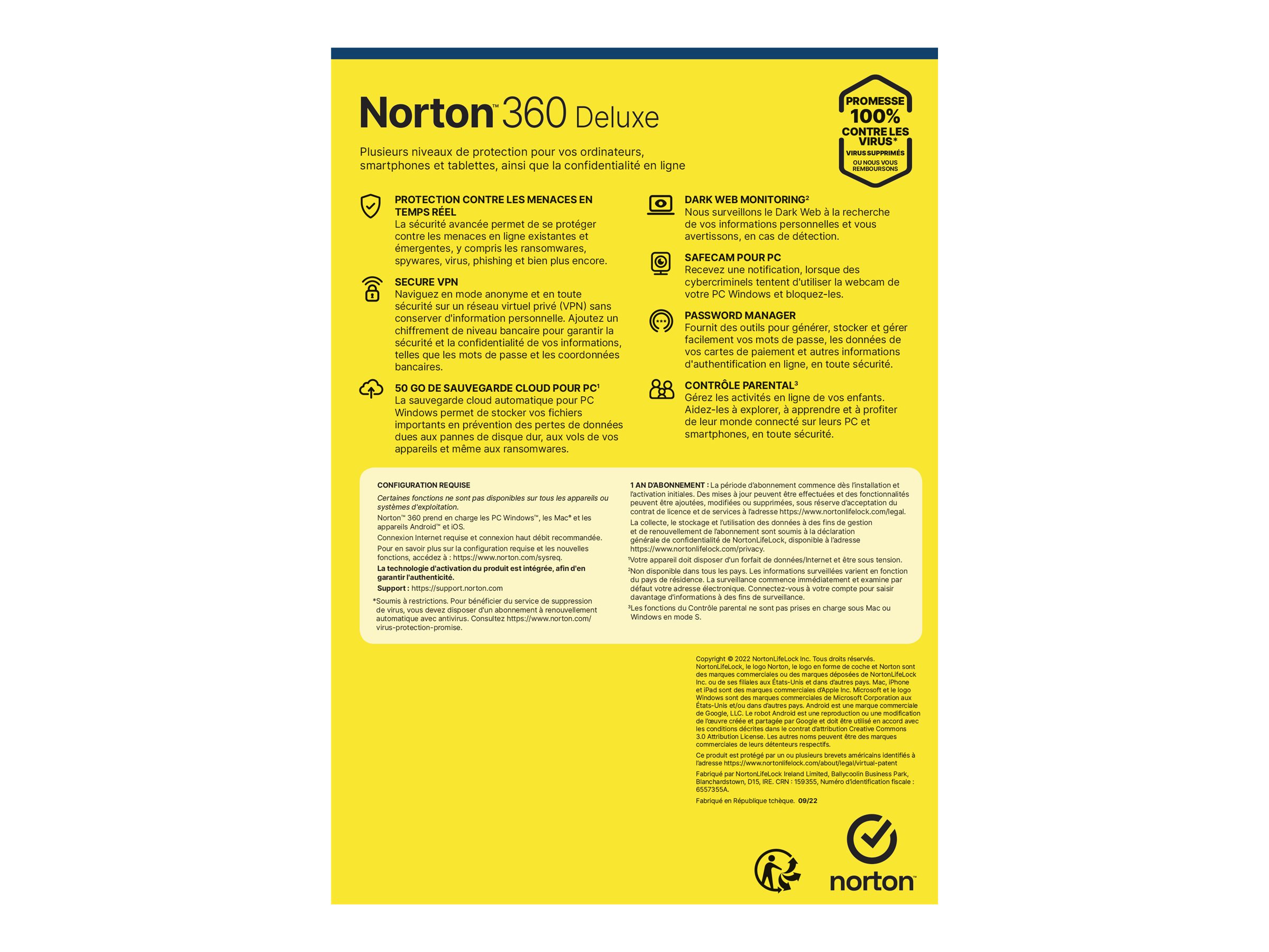 Norton 360 Deluxe - Version boîte (1 an) - 5 périphériques, espace de stockage de cloud 50 GB - Mass Market - Win, Mac, Android, iOS - français - 21409192 - Suites de sécurité