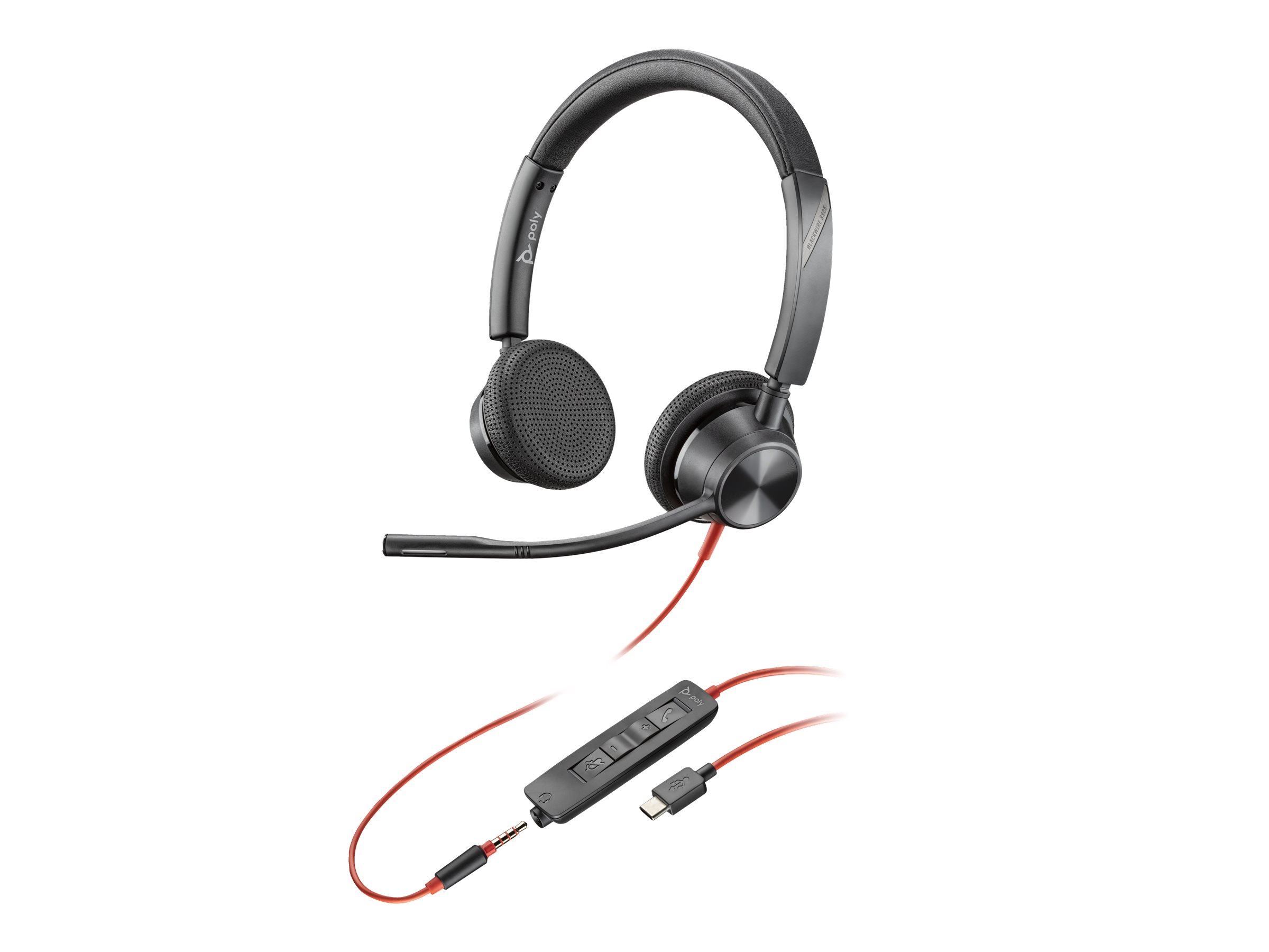 Poly Blackwire 3325 - Blackwire 3300 series - micro-casque - sur-oreille - filaire - jack 3,5mm, USB-C - noir - certifié UC - 8X221AA - Écouteurs