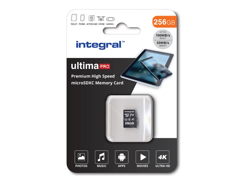 Integral UltimaPro - Carte mémoire flash (adaptateur microSDXC vers SD inclus(e)) - 256 Go - A1 / Video Class V30 / UHS Class 3 / Class10 - microSDXC UHS-I - noir - INMSDX256G-100/90V30 - Cartes flash