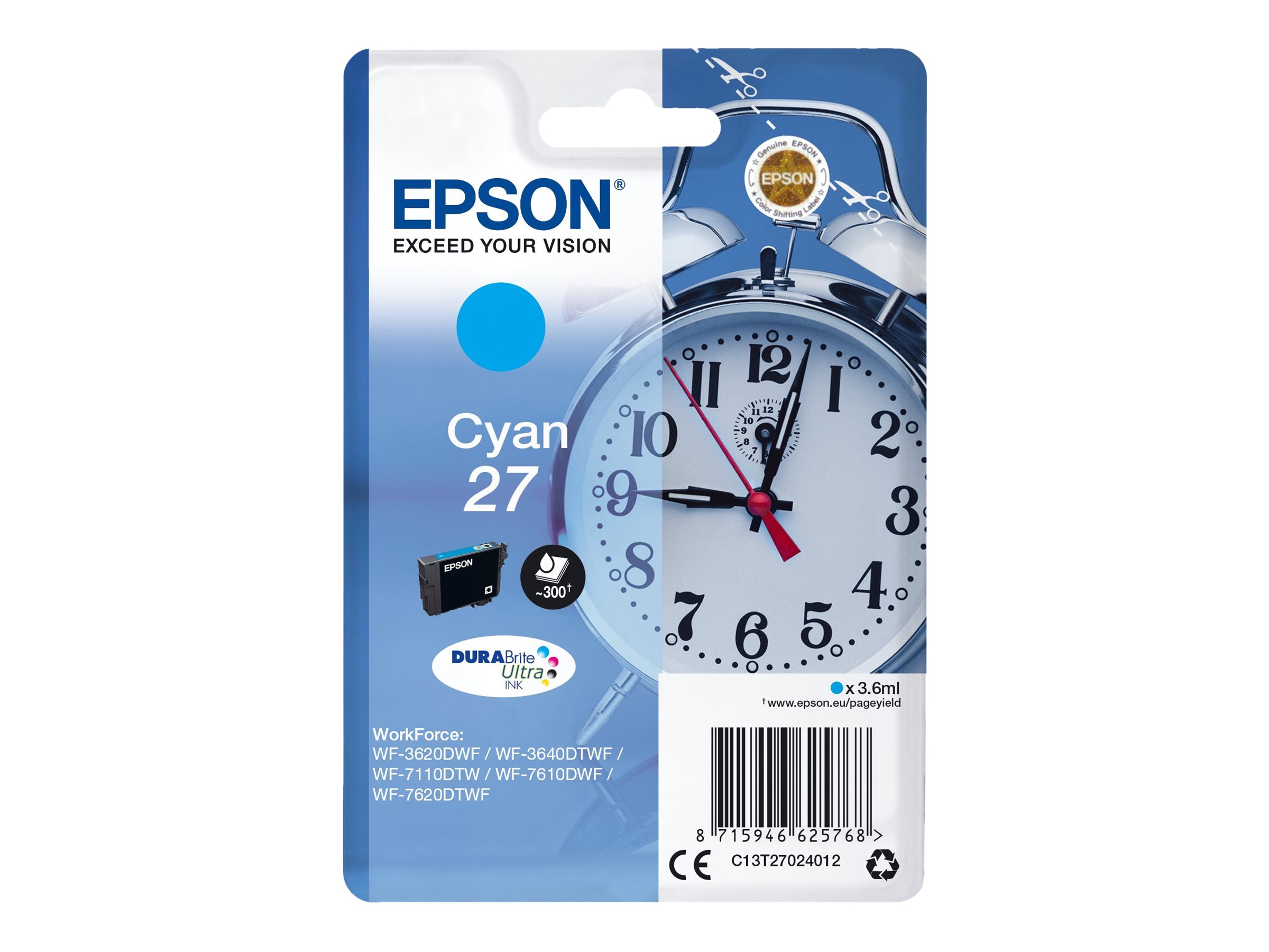 Epson 27 - 3.6 ml - cyan - original - cartouche d'encre - pour WorkForce WF-3620, WF-3640, WF-7110, WF-7210, WF-7610, WF-7620, WF-7710, WF-7715, WF-7720 - C13T27024012 - Cartouches d'encre Epson