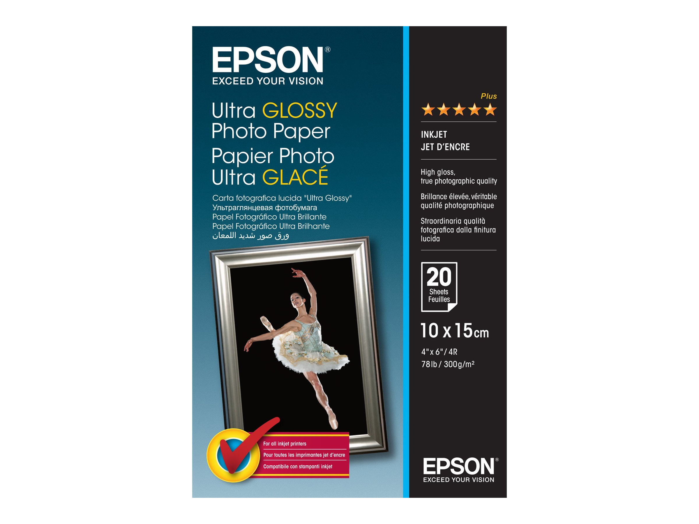 Epson Ultra Glossy Photo Paper - Brillant - 100 x 150 mm 20 feuille(s) papier photo - pour EcoTank ET-1810, 2810, 2811, 2814, 2815, 2820, 2825, 2826, 2850, 2851, 2856, 4800, 4850 - C13S041926 - Papier photo