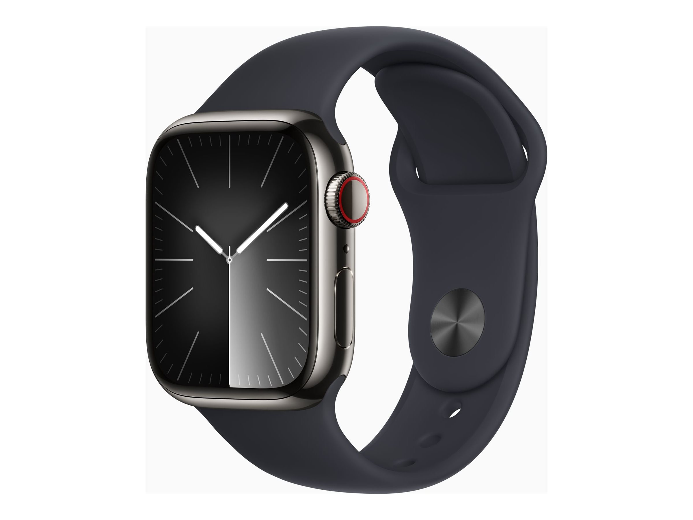 Apple Watch Series 9 (GPS + Cellular) - 41 mm - acier inoxydable graphite - montre intelligente avec bande sport - fluoroélastomère - minuit - taille du bracelet : M/L - 64 Go - Wi-Fi, LTE, UWB, Bluetooth - 4G - 42.3 g - MRJ93QF/A - Montres intelligentes