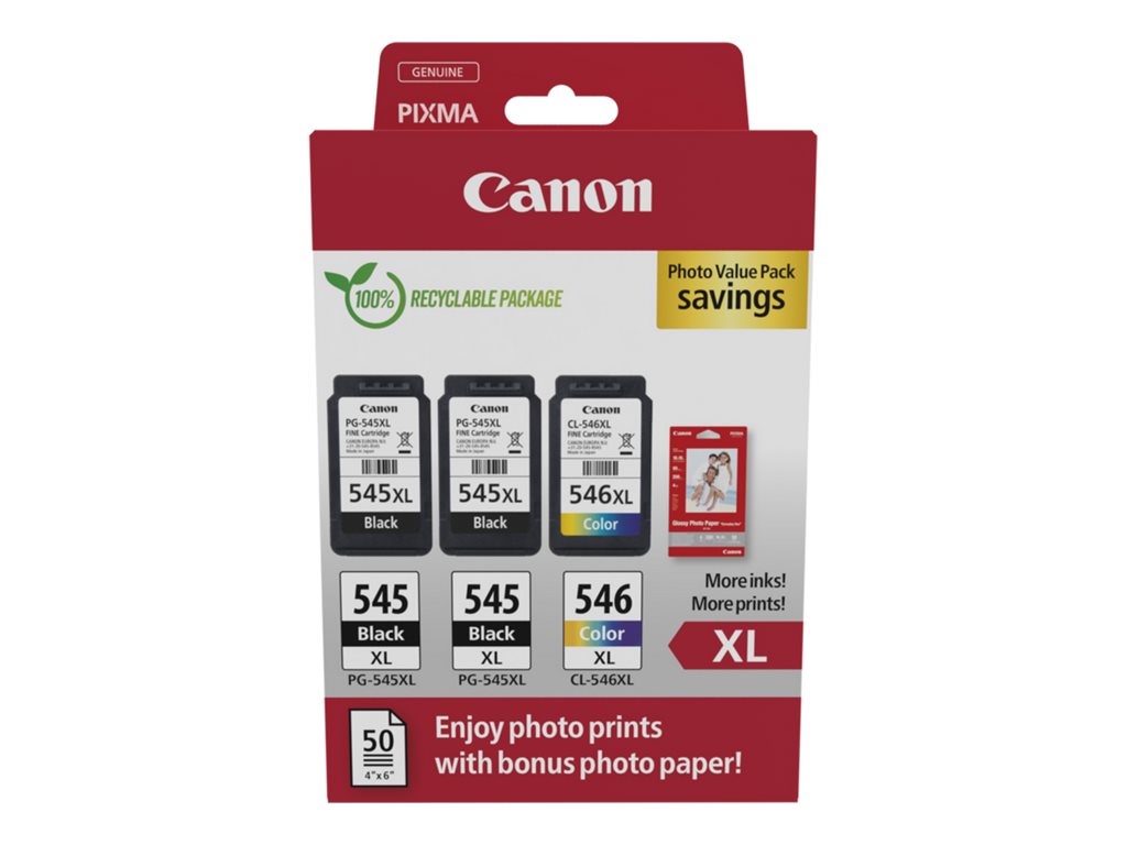 Canon PG-545 XL/CL-546XL Photo Value Pack - Pack de 3 - noir, couleur (cyan, magenta, jaune) - original - jeu de papier / cartouche d'encre - 8286B015 - Cartouches d'imprimante