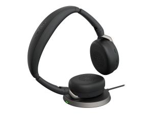 Jabra Evolve2 65 Flex UC Stereo - Micro-casque - sur-oreille - Bluetooth - sans fil - Suppresseur de bruit actif - USB-A - noir - avec socle de recharge sans fil - Optimisé pour la CU - 26699-989-989 - Écouteurs