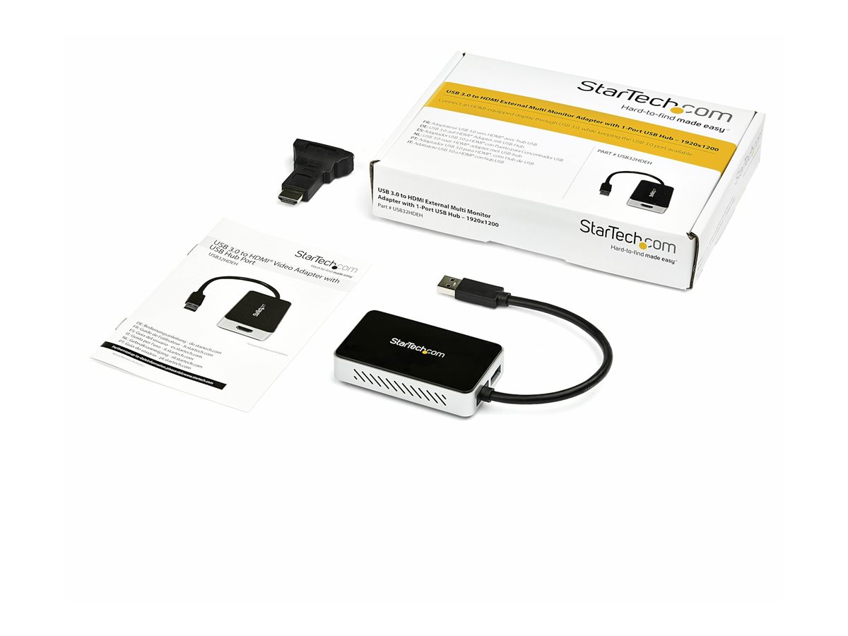 StarTech.com Adaptateur vidéo multi-écrans USB 3.0 vers HDMI - Carte graphique externe avec hub USB à 1 port - M/F - 1920x1200 / 1080p - Station d'accueil - USB 3.0 - HDMI - Conformité TAA - pour P/N: HDDVIMM3, HDMM12, HDMM15, HDMM1MP, HDMM2MP, HDMM3, HDMM3MP, HDMM50A, HDMM6, HDPMM50 - USB32HDEH - Stations d'accueil pour ordinateur portable