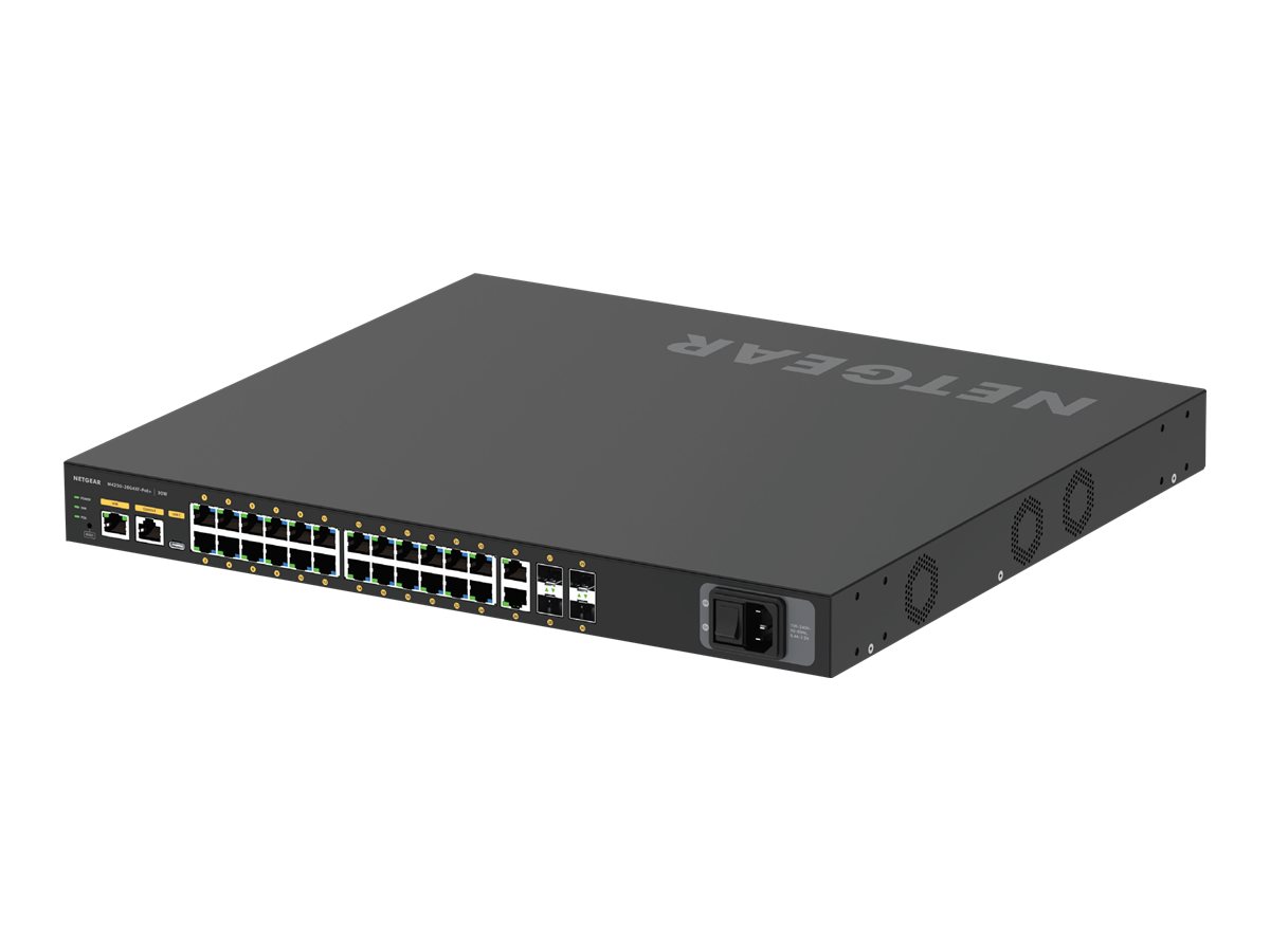 NETGEAR M4250-26G4XF-PoE+ - Commutateur - C3 - Géré - 24 x 10/100/1000 (PoE+) + 2 x 10/100/1000 + 4 x 1 Gigabit / 10 Gigabit SFP+ - flux d'air côte à côte - Montable sur rack - PoE+ (480 W) - GSM4230PX-100EUS - Concentrateurs et commutateurs gigabit