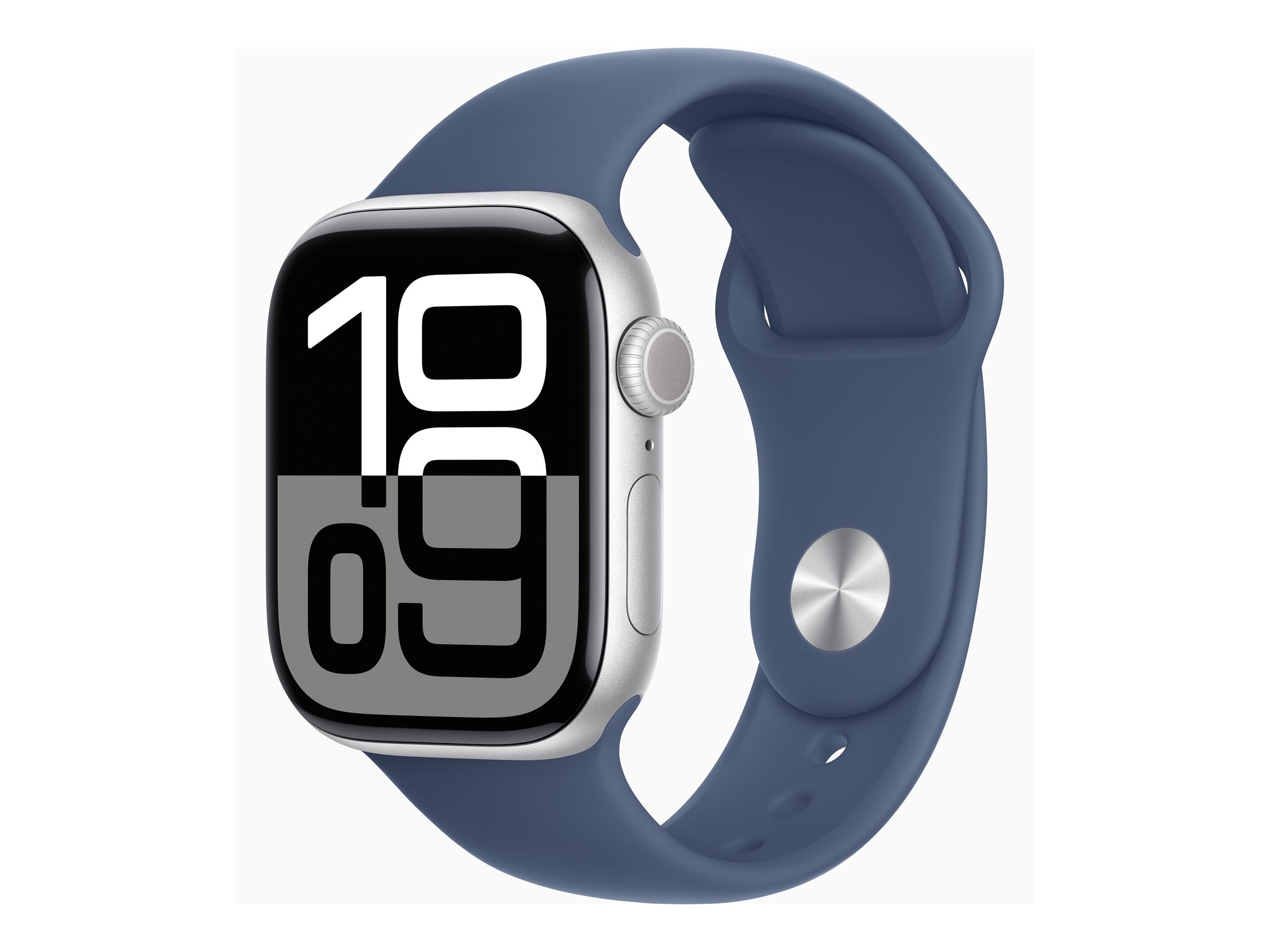 Apple Watch Series 10 (GPS) - 42 mm - aluminium argenté - montre intelligente avec bande sport - fluoroélastomère - denim - taille du bracelet : S/M - 64 Go - Wi-Fi 4, Bluetooth, UWB - 30 g - MWWA3QF/A - Montres intelligentes