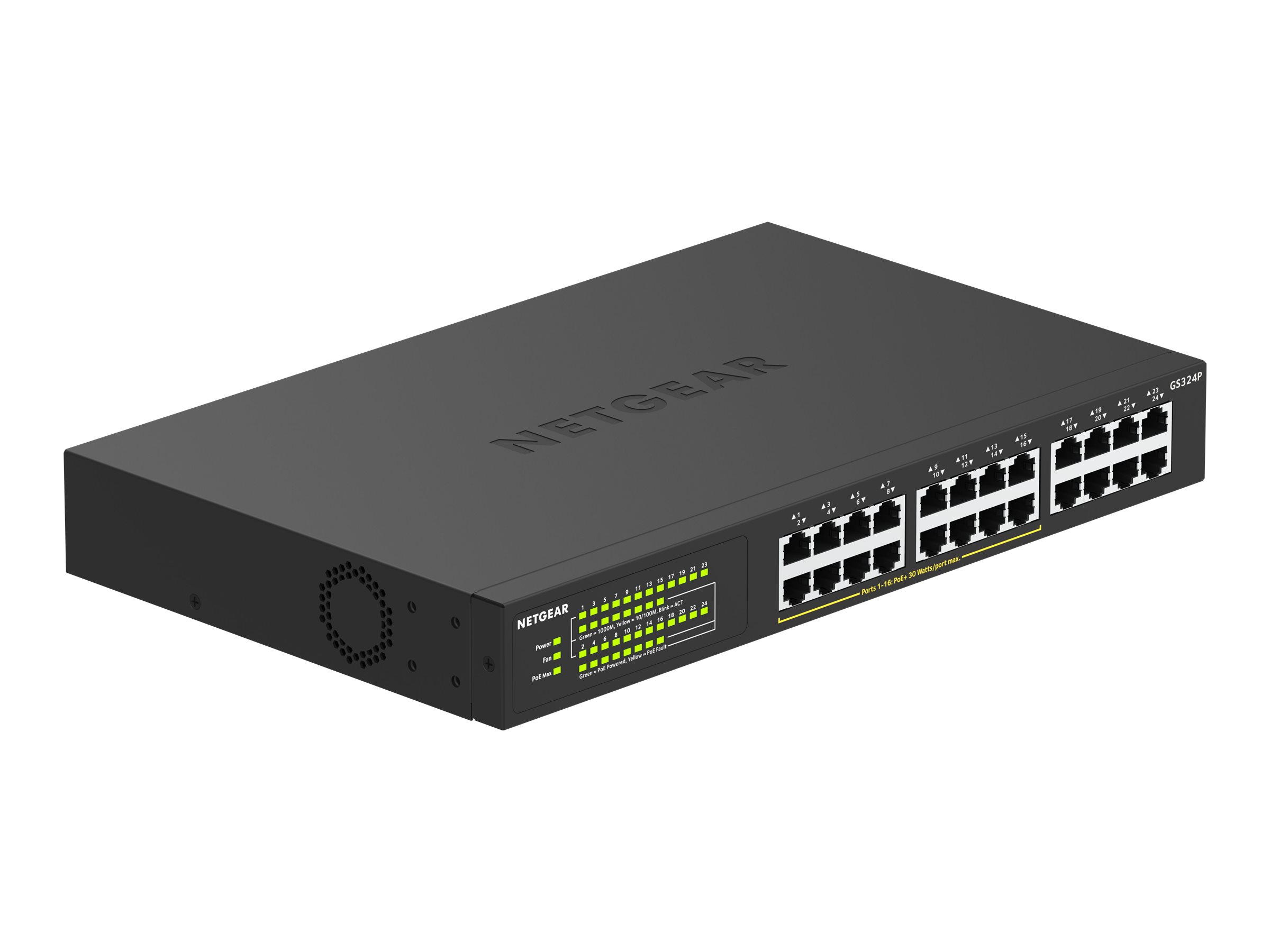 NETGEAR GS324P - Commutateur - non géré - 16 x 10/100/1000 (PoE+) + 8 x 10/100/1000 - de bureau, Montable sur rack - PoE+ (190 W) - GS324P-100EUS - Concentrateurs et commutateurs gigabit