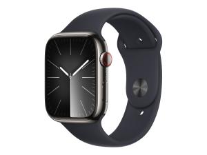 Apple Watch Series 9 (GPS + Cellular) - 45 mm - acier inoxydable graphite - montre intelligente avec bande sport - fluoroélastomère - minuit - taille du bracelet : S/M - 64 Go - Wi-Fi, LTE, UWB, Bluetooth - 4G - 51.5 g - MRMV3QF/A - Montres intelligentes