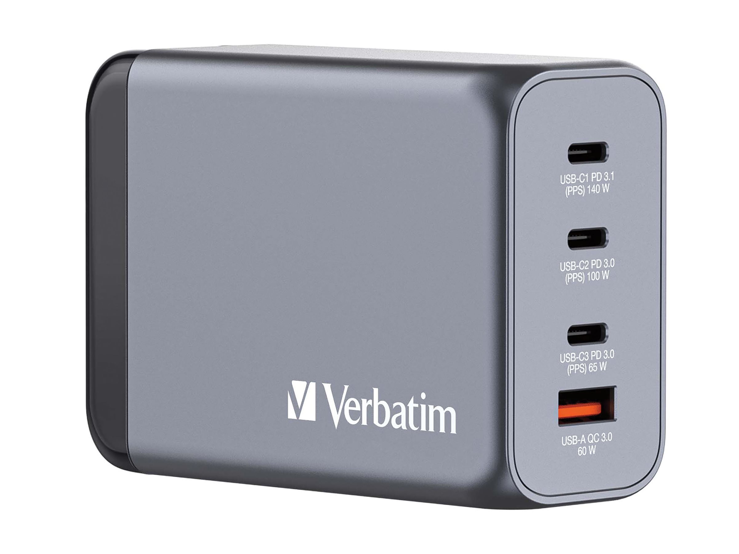 Verbatim - Adaptateur secteur - GaN - 240 Watt - 5 A - PD 3.0, QC 3.0, Power Delivery 3.1, PD/PPS - 4 connecteurs de sortie (USB type A, 3 x USB-C) - 32205 - Adaptateurs électriques et chargeurs