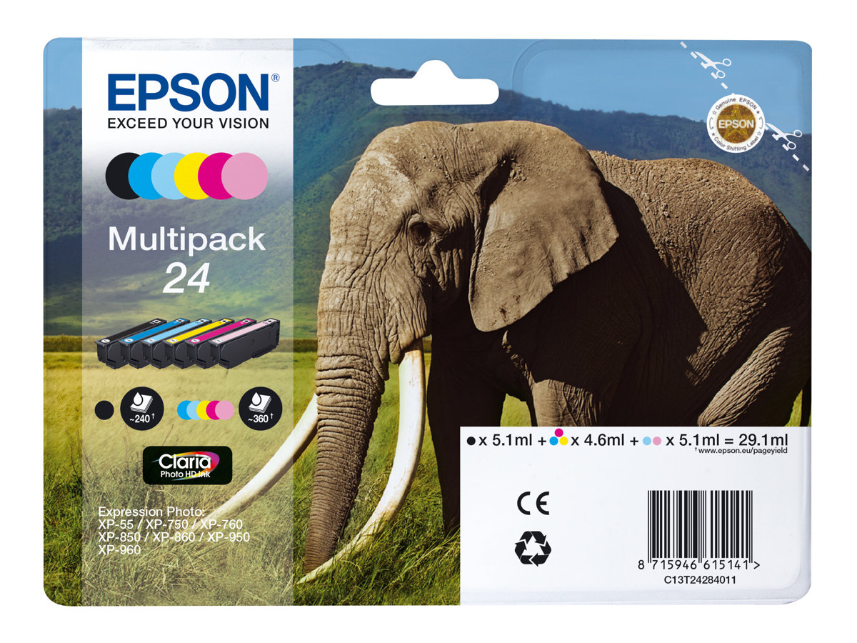 Epson 24 Multipack - Pack de 6 - noir, jaune, cyan, magenta, magenta clair, cyan clair - original - cartouche d'encre - pour Expression Photo XP-55, XP-750, XP-760, XP-850, XP-860, XP-950, XP-960, XP-970 - C13T24284021 - Cartouches d'encre Epson