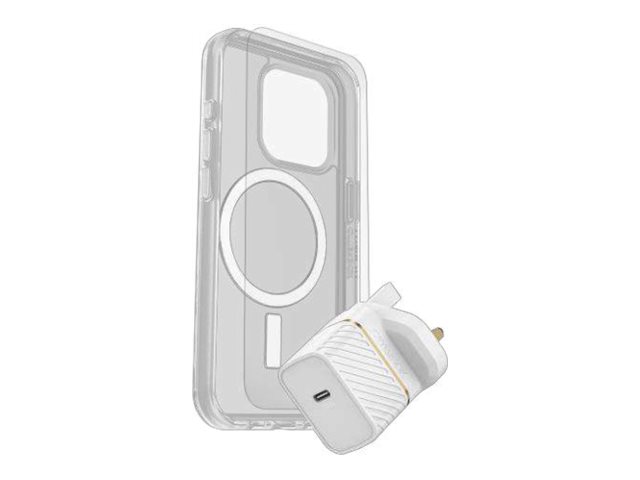 OtterBox Symmetry Series - Coque de protection pour téléphone portable - compatibilité avec MagSafe - clair - avec protection d'écran en verre de qualité supérieure et chargeur mural à charge rapide USB-C 30W - pour Apple iPhone 15 Pro - 78-81241 - Coques et étuis pour téléphone portable