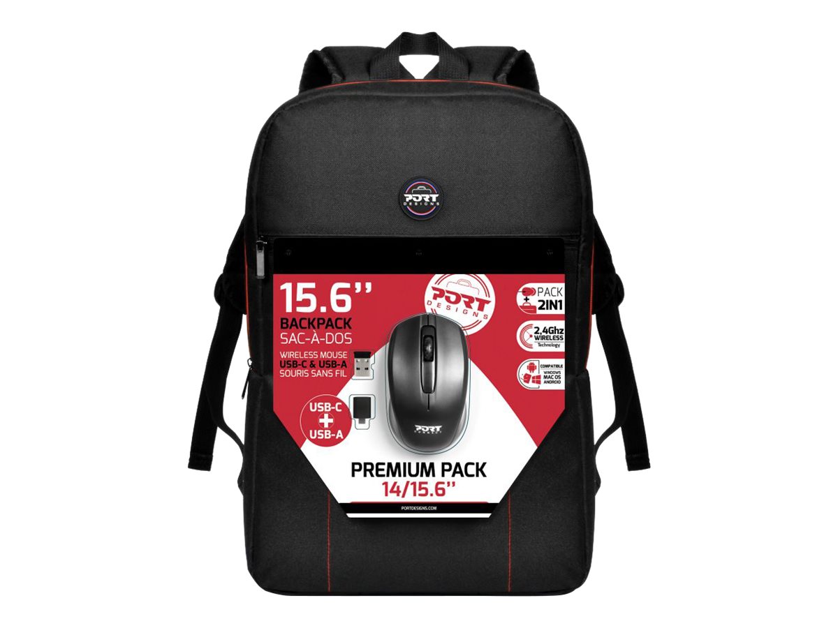 PORT Designs - Premium Pack - sac à dos pour ordinateur portable - 14" - 15.6" - avec souris optique sans fil 1 000 dpi USB-C et USB-A - 501901 - Sacoches pour ordinateur portable