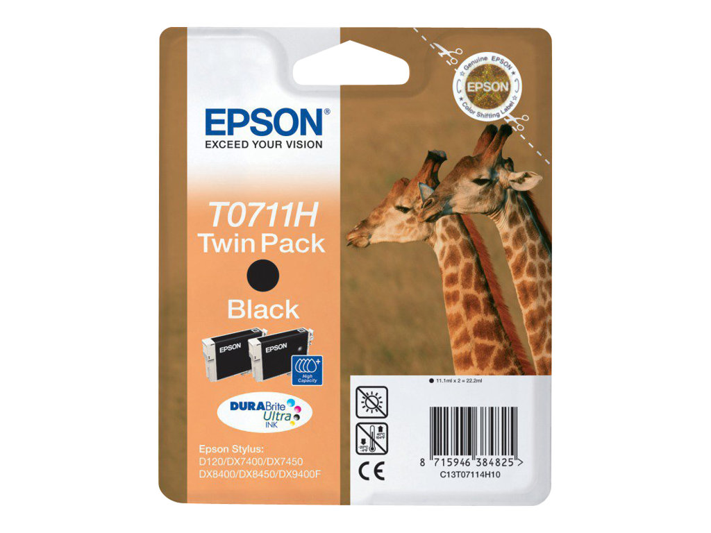 Epson T0711 Twin Pack - Pack de 2 - 22.2 ml - haute capacité - noir - original - blister - cartouche d'encre - pour Stylus SX210, SX410, SX510, SX515, SX610; Stylus Office B1100, B40, BX310, BX600, BX610 - C13T07114H10 - Cartouches d'encre Epson