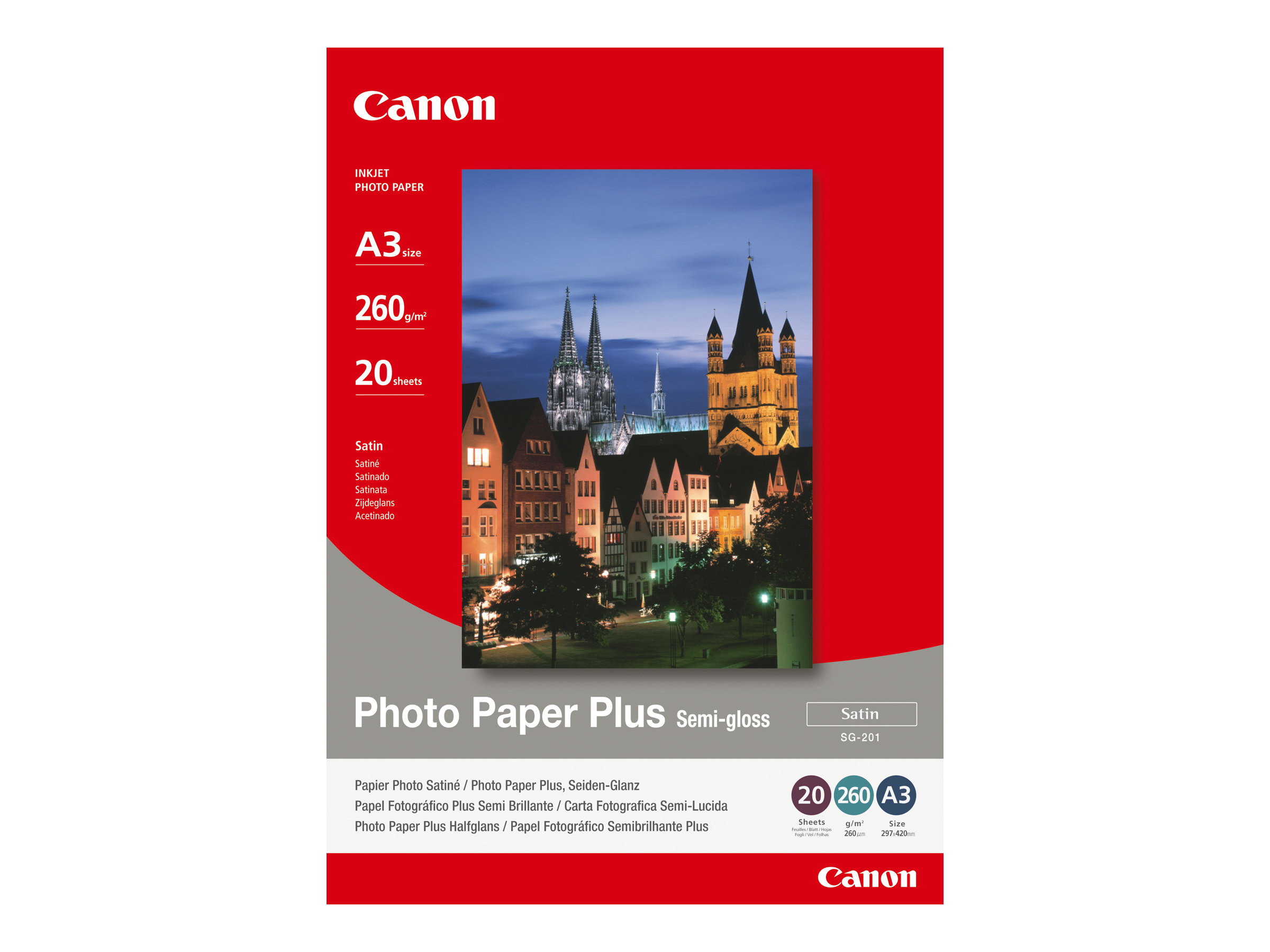 Canon Photo Paper Plus SG-201 - Semi-brillant - A3 (297 x 420 mm) - 260 g/m² - 20 feuille(s) papier photo - pour i6500, 9100, 9950; PIXMA iX4000, iX5000, iX7000, PRO-1, PRO-10, PRO-100 - 1686B026 - Papier photo