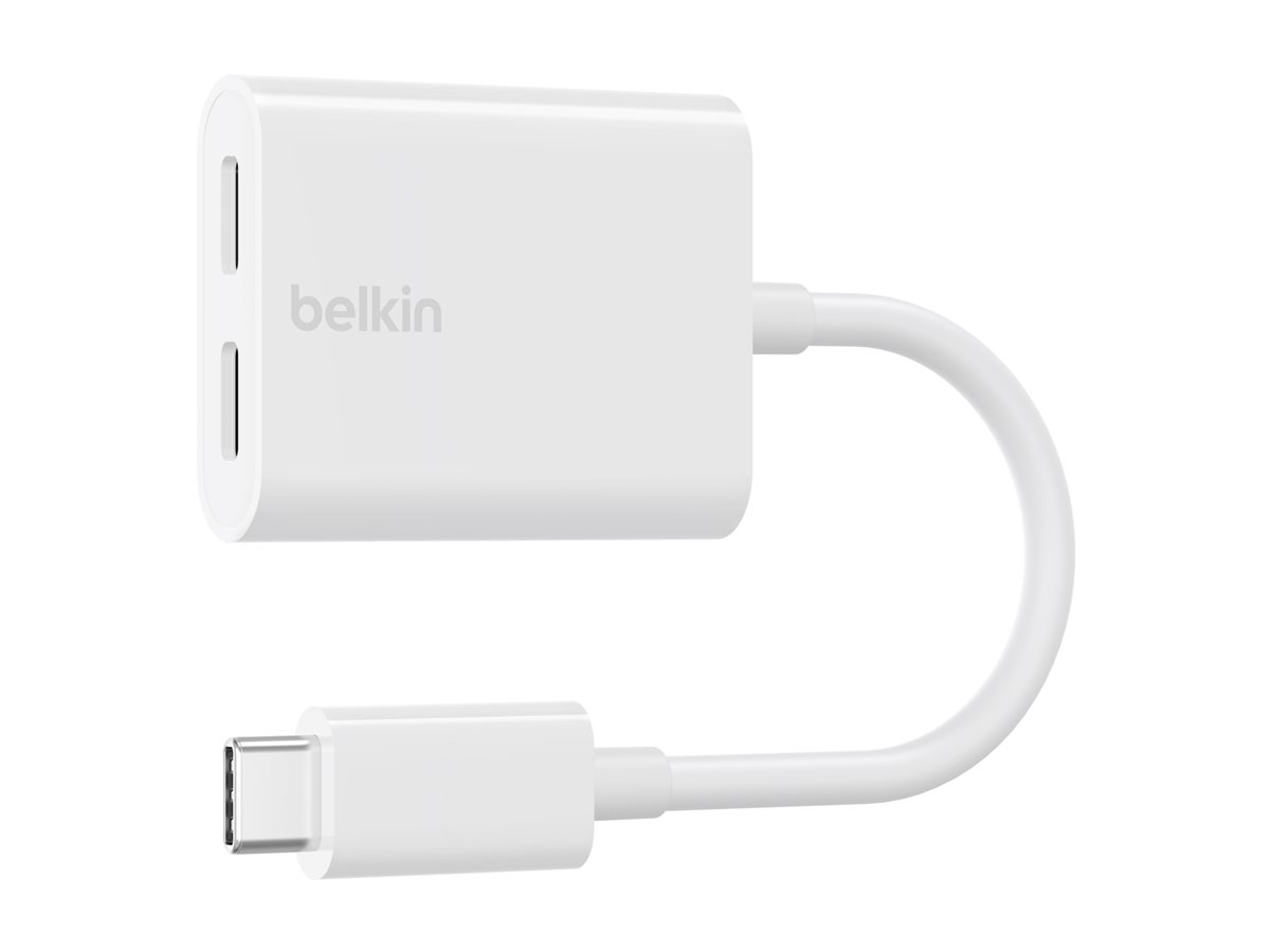 Belkin Connect Audio + Charge - Casque/adaptateur de charge USB-C vers USB-C - 24 pin USB-C mâle pour 24 pin USB-C femelle - 14 m - blanc - USB Power Delivery (60W) - F7U081BTWH - Câbles spéciaux