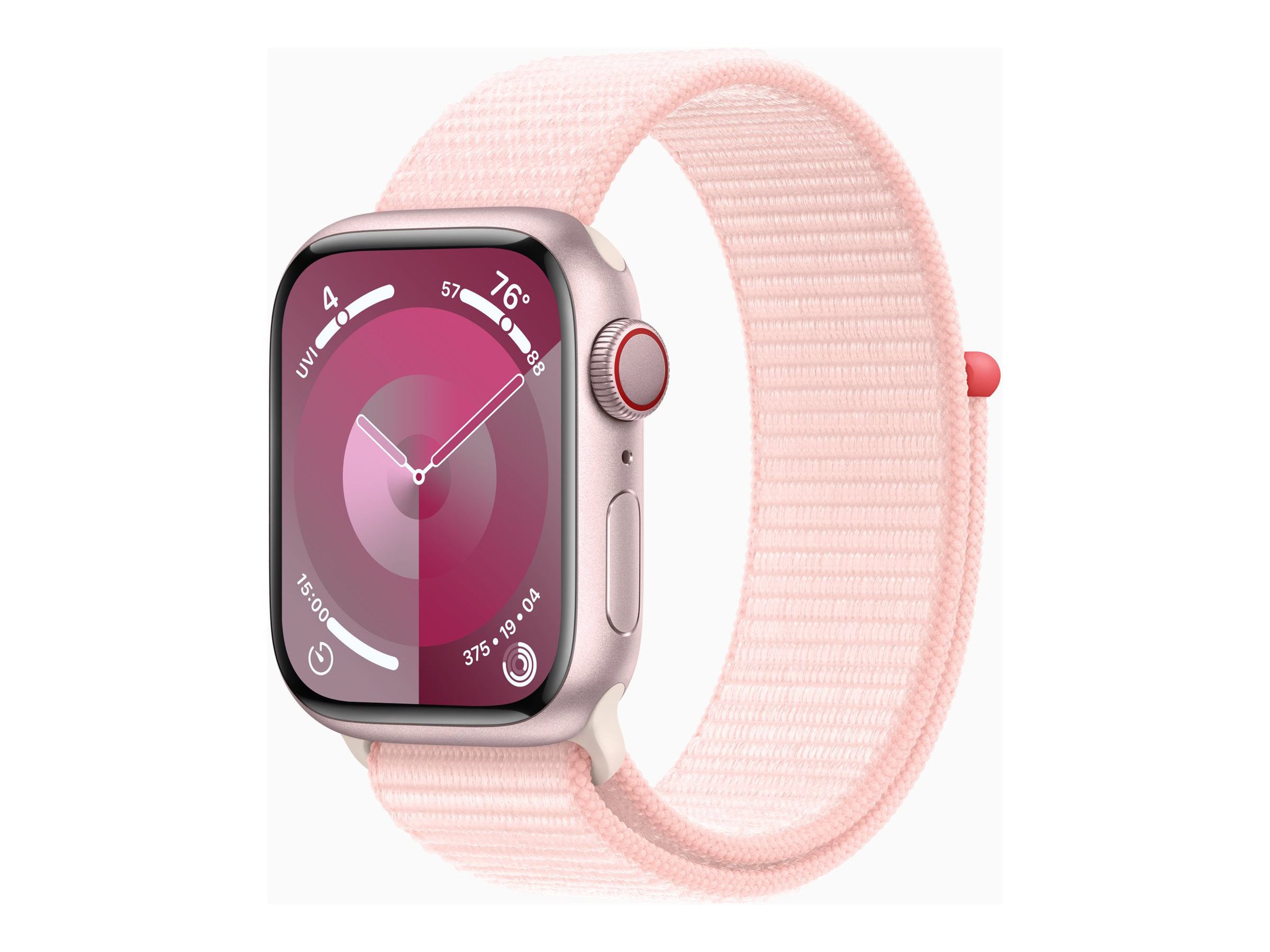 Apple Watch Series 9 (GPS + Cellular) - 41 mm - aluminium rose - montre intelligente avec boucle sport - deux couches de matières textiles tissées - rose pâle - 64 Go - Wi-Fi, LTE, UWB, Bluetooth - 4G - 32.1 g - démo - 3M607F/A - Montres intelligentes