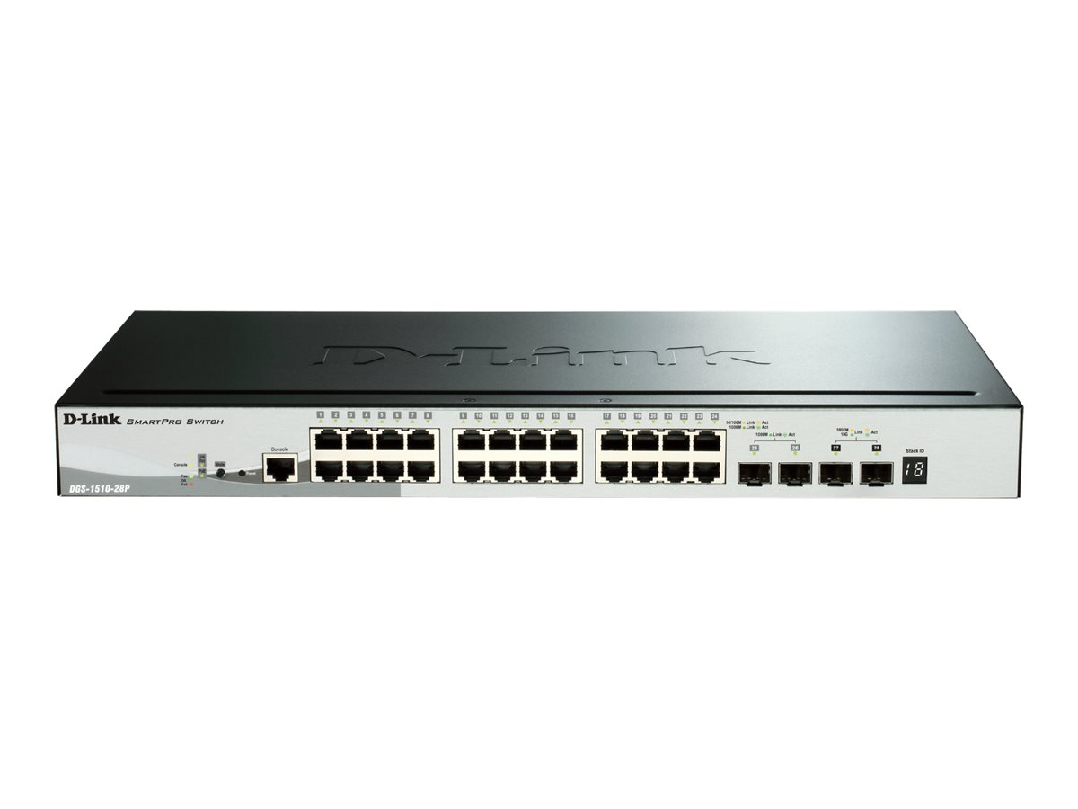 D-Link DGS 1510-28P - Commutateur - C3 - intelligent - 24 x 10/100/1000 (PoE+) + 2 x Gigabit SFP + 2 x 10 Gigabit SFP+ - de bureau, Montable sur rack - PoE+ (193 W) - DGS-1510-28P/E - Concentrateurs et commutateurs gigabit
