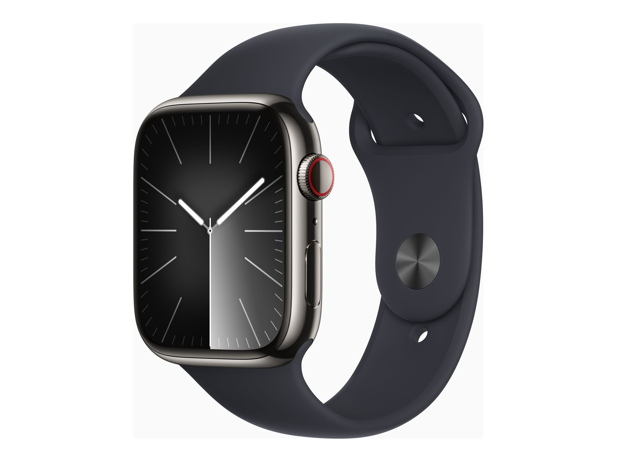Apple Watch Series 9 (GPS + Cellular) - 45 mm - acier inoxydable graphite - montre intelligente avec bande sport - fluoroélastomère - minuit - taille du bracelet : S/M - 64 Go - Wi-Fi, LTE, UWB, Bluetooth - 4G - 51.5 g - démo - 3M611F/A - Montres intelligentes