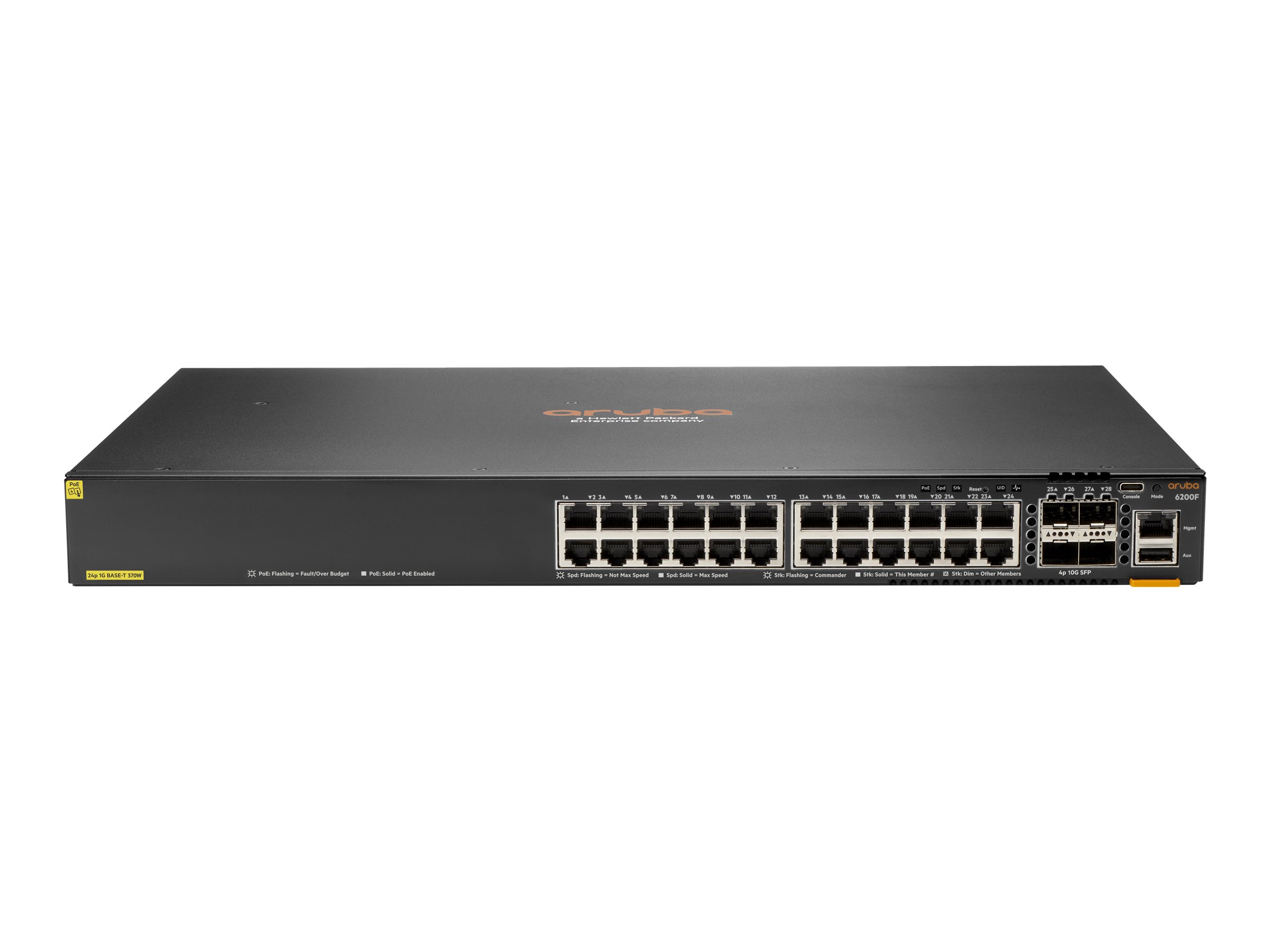 HPE Aruba 6200F 24G Class4 PoE 4SFP+ 370W Switch - Commutateur - distance max. d'empilage de 10 km - C3 - Géré - 24 x 10/100/1000 (PoE+) + 4 x 1 gigabit/10 gigabit SFP+ (liaison montante) - Montable sur rack - PoE+ (370 W) - BTO - JL725B#ABB - Commutateurs gérés