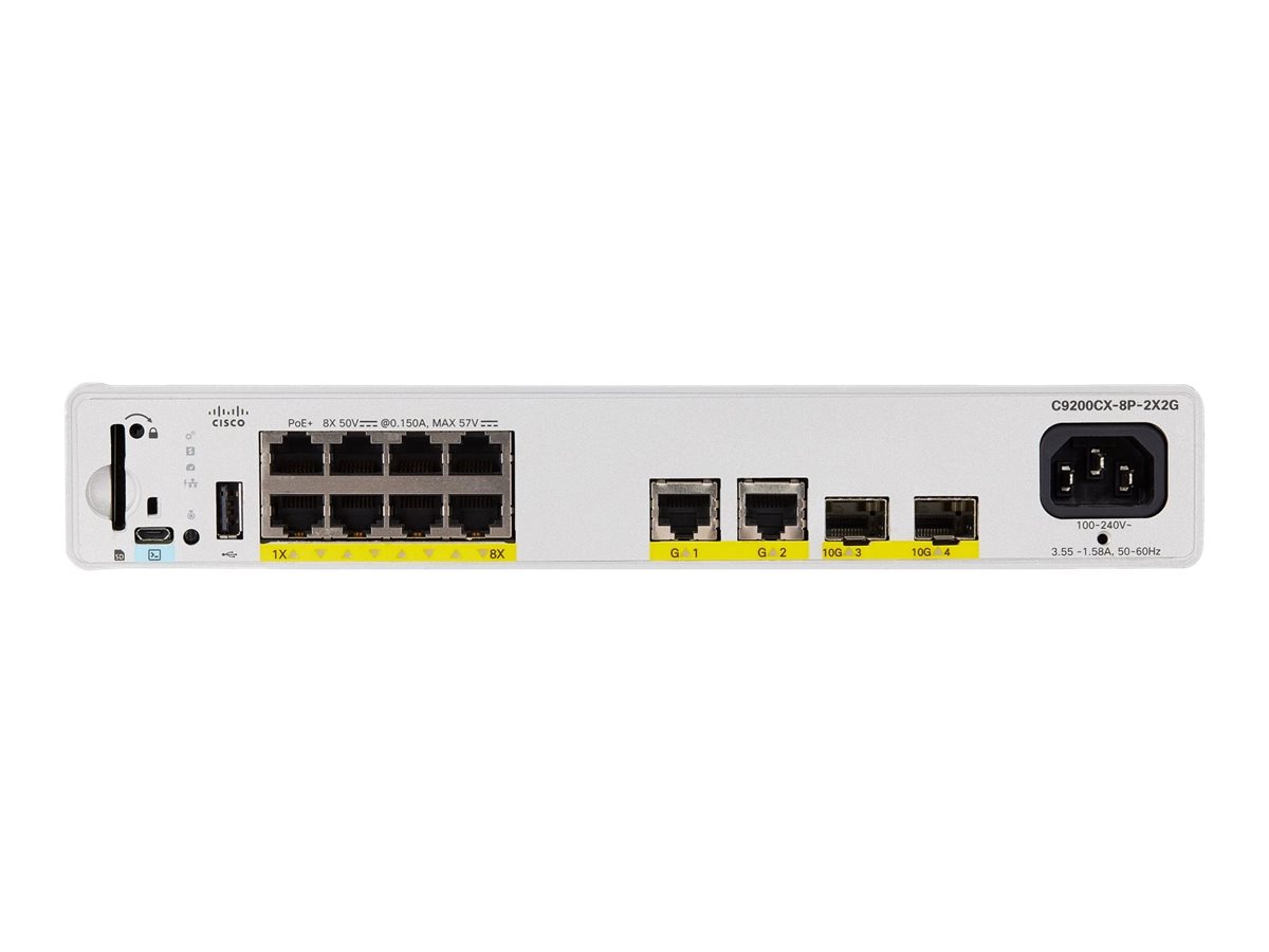 Cisco Catalyst 9200CX - Network Advantage - commutateur - compact - C3 - Géré - 8 x 10/100/1000 (PoE+) + 2 x 1000Base-T + 2 x SFP+ 10 Go (liaison montante) - Montable sur rack - PoE+ (240 W) - C9200CX-8P-2X2G-A - Concentrateurs et commutateurs gigabit
