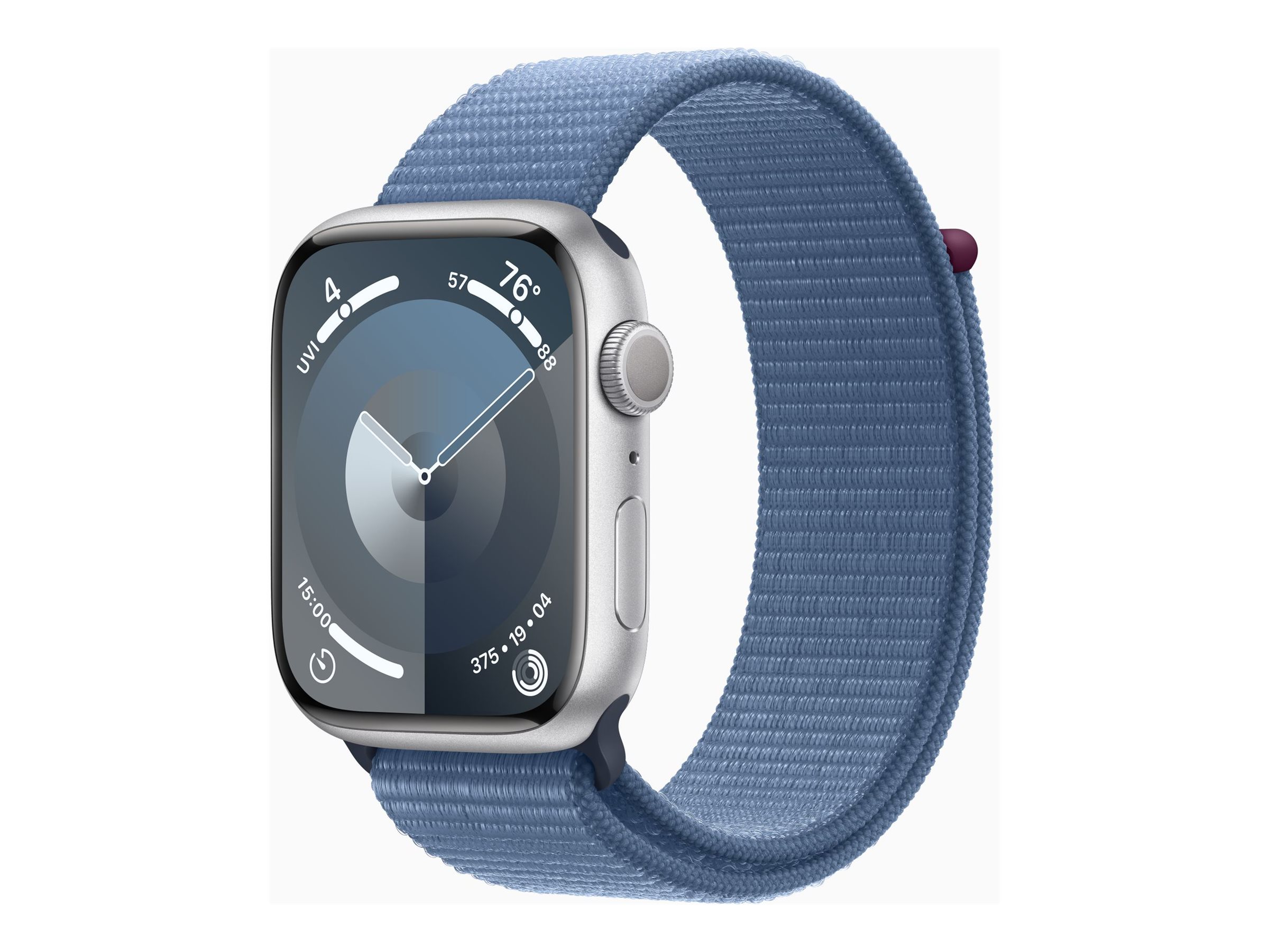 Apple Watch Series 9 (GPS) - 45 mm - aluminium argenté - montre intelligente avec boucle sport - deux couches de matières textiles tissées - bleu hiver - 64 Go - Wi-Fi, UWB, Bluetooth - 38.7 g - MR9F3QF/A - Montres intelligentes