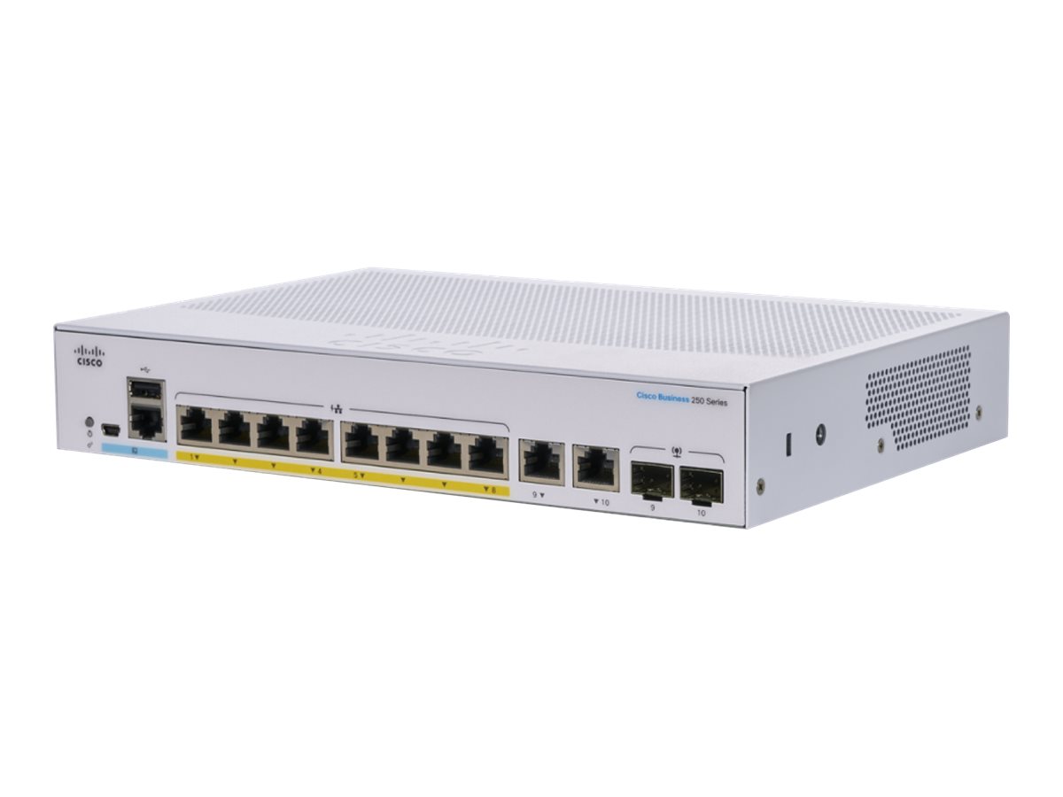Cisco Business 250 Series CBS250-8P-E-2G - Commutateur - C3 - intelligent - 8 x 10/100/1000 (PoE+) + 2 x combo Gigabit Ethernet / SFP Gigabit - Montable sur rack - PoE+ (67 W) - CBS250-8P-E-2G-EU - Concentrateurs et commutateurs gigabit