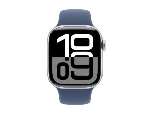 Apple Watch Series 10 (GPS) - 42 mm - aluminium argenté - montre intelligente avec bande sport - fluoroélastomère - denim - taille du bracelet : M/L - 64 Go - Wi-Fi 4, UWB, Bluetooth - 30 g - MWWC3QF/A - Montres intelligentes