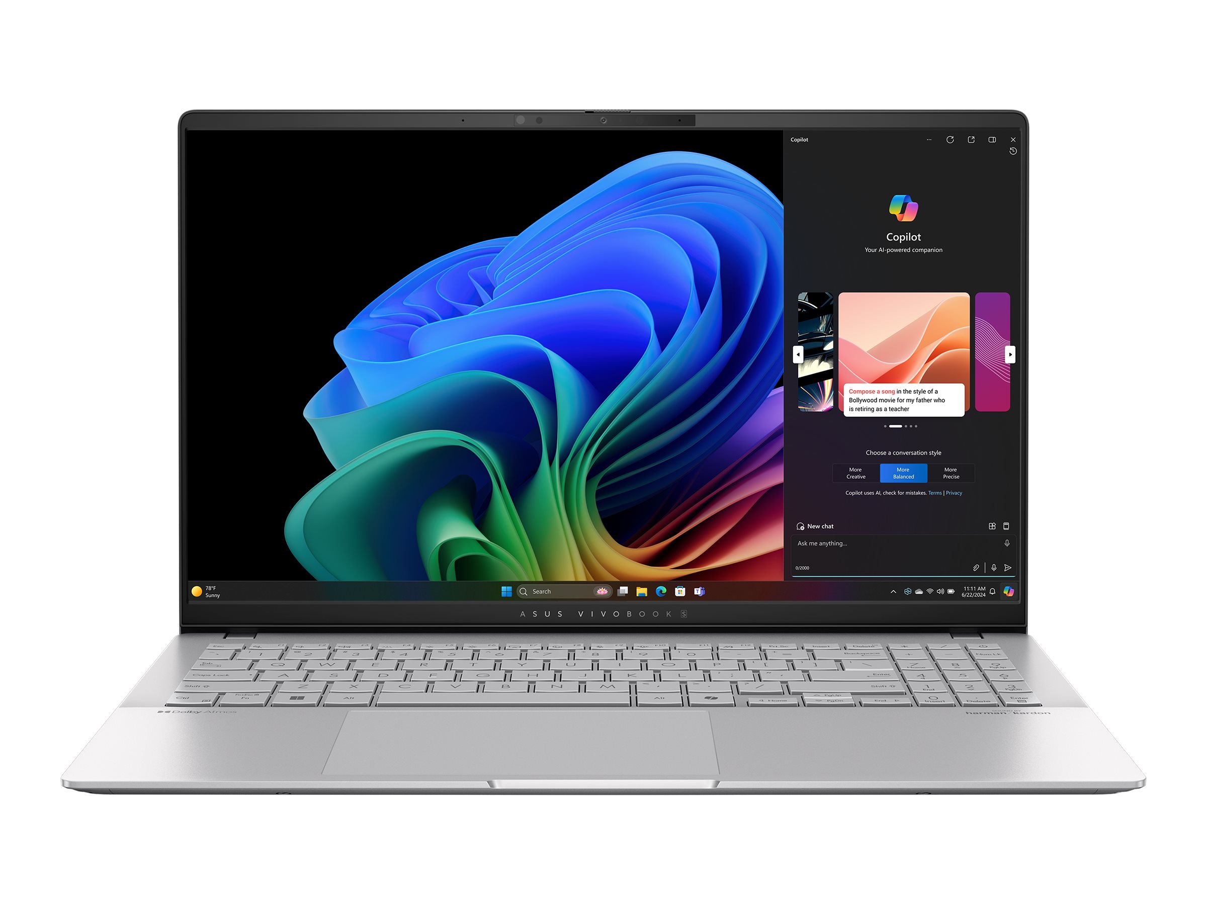 ASUS VivoBook S 15 OLED S5507QA-MA038X - Conception de charnière à 180 degrés - Snapdragon X Plus - X1P-42-100 / jusqu'à 3.4 GHz - Win 11 Pro - Qualcomm Adreno - 16 Go RAM - 512 Go SSD NVMe - 15.6" OLED 2880 x 1620 (3K) @ 120 Hz - Wi-Fi 7, Bluetooth - argent cool - 90NB14Q2-M00BA0 - Ordinateurs portables