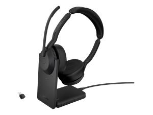 Jabra Evolve2 55 UC Stereo - Micro-casque - sur-oreille - Bluetooth - sans fil - Suppresseur de bruit actif - USB-C - noir - avec support de chargement - certifié Zoom, Cisco Webex Certified, Optimisé pour Microsoft Teams, Certifié Alcatel-Lucent, Certifié Avaya, Certifié Unify, Certifié MFi, Certifié Amazon Chime - 25599-989-889 - Écouteurs