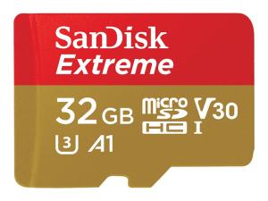 SanDisk Extreme - Carte mémoire flash (adaptateur microSDHC - SD inclus(e)) - 32 Go - A1 / Video Class V30 / UHS-I U3 - microSDHC UHS-I - SDSQXAF-032G-GN6AA - Cartes flash
