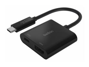 Belkin USB-C to HDMI + Charge Adapter - Adaptateur vidéo - 24 pin USB-C mâle pour HDMI, USB-C (alimentation uniquement) femelle - noir - support 4K, USB Power Delivery (60W) - AVC002btBK - Câbles HDMI