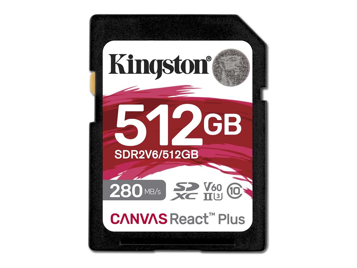 Kingston Canvas React Plus - Carte mémoire flash - 512 Go - Video Class V60 / UHS-II U3 / Class10 - SDXC UHS-II - SDR2V6/512GB - Cartes flash