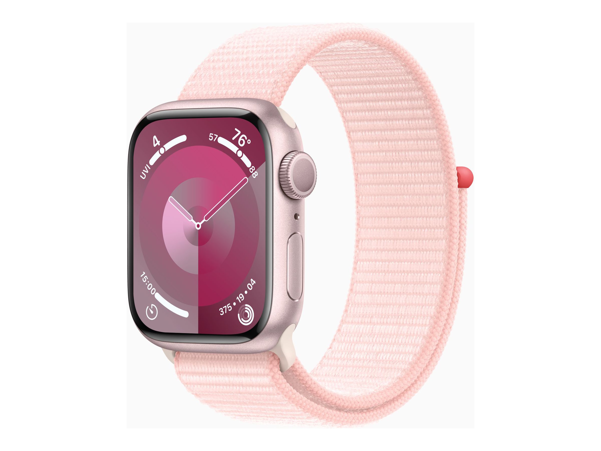 Apple Watch Series 9 (GPS) - 41 mm - aluminium rose - montre intelligente avec boucle sport - deux couches de matières textiles tissées - rose pâle - 64 Go - Wi-Fi, UWB, Bluetooth - 31.9 g - démo - 3M586F/A - Montres intelligentes