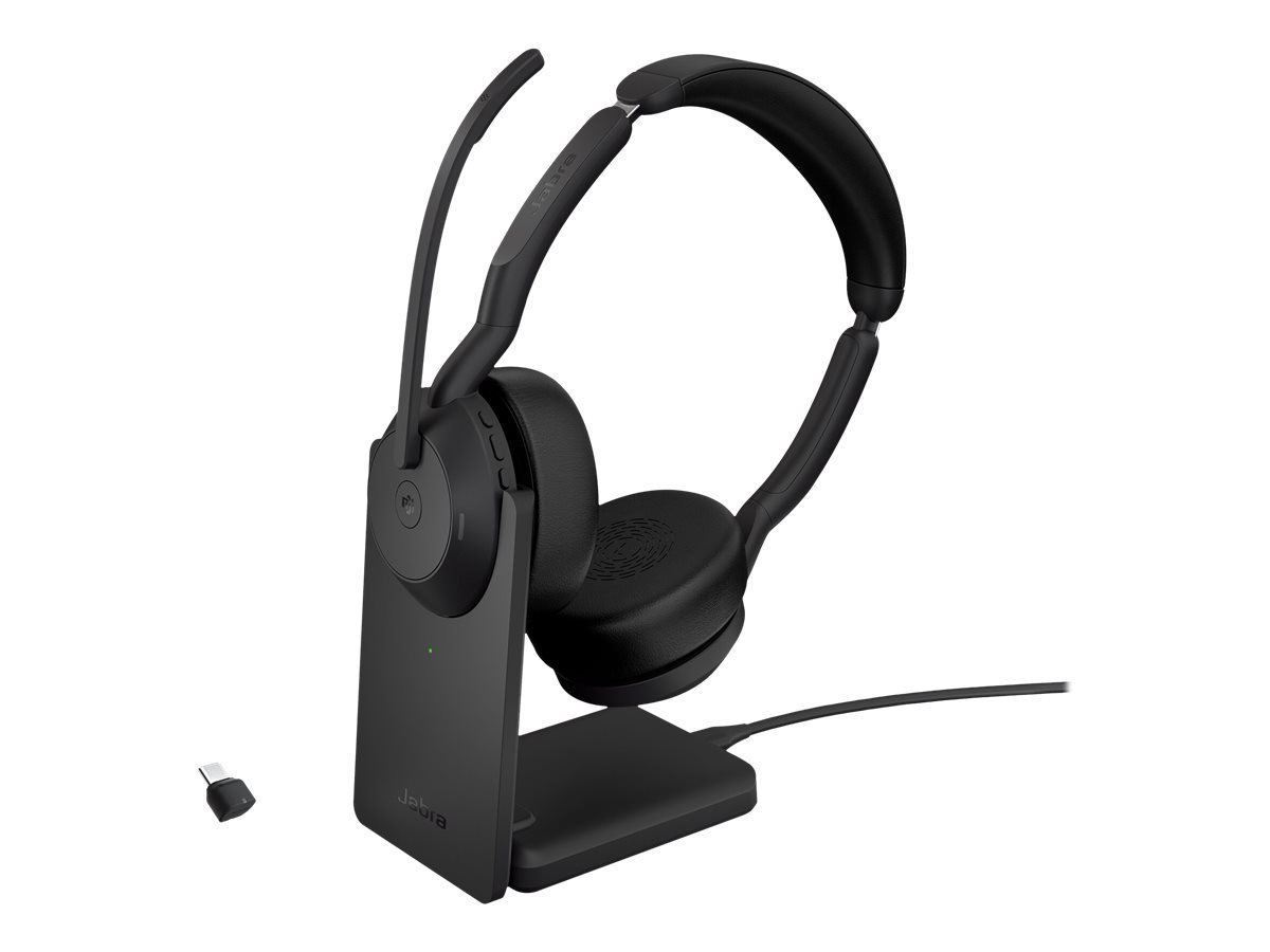 Jabra Evolve2 55 MS Stereo - Micro-casque - sur-oreille - Bluetooth - sans fil - Suppresseur de bruit actif - USB-C - noir - avec support de chargement - Optimisé pour Microsoft Teams - 25599-999-889 - Écouteurs