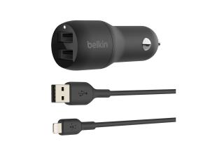 Belkin BOOST CHARGE Double chargeur - Adaptateur d'alimentation pour voiture - 24 Watt - 4.8 A - 2 connecteurs de sortie (USB) - sur le câble : Lightning - noir - CCD001BT1MBK - Batteries et adaptateurs d'alimentation pour téléphone cellulaire