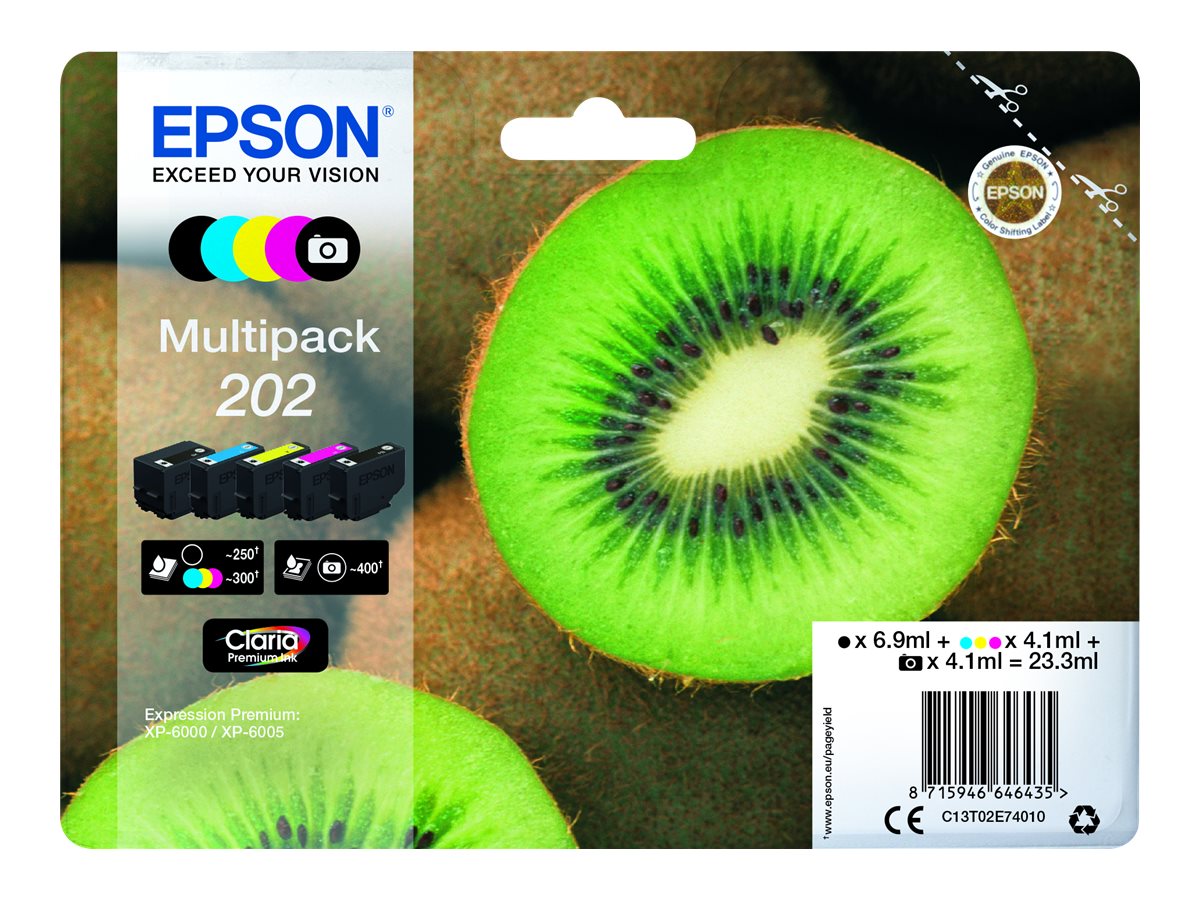 Epson Multipack 202 - Pack de 5 - noir, jaune, cyan, magenta, photo noire - original - blister - cartouche d'encre - pour Expression Premium XP-6000, XP-6005, XP-6100, XP-6105 - C13T02E74010 - Cartouches d'encre Epson