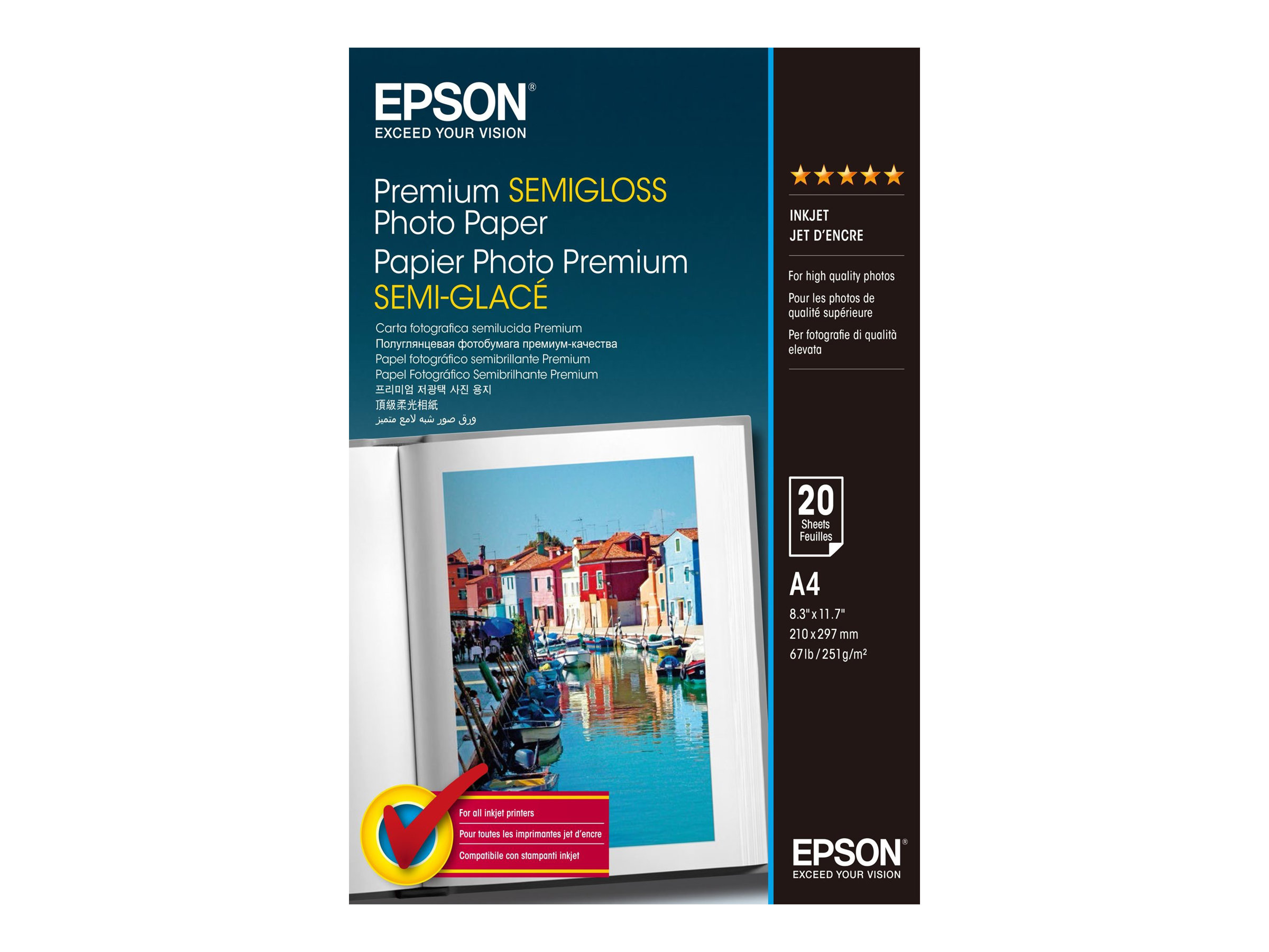 Epson Premium Semigloss Photo Paper - Semi-brillant - A4 (210 x 297 mm) 20 feuille(s) papier photo - pour EcoTank ET-2750, 2751, 2756, 2850, 2851, 2856, 4750, 4850; Expression Home HD XP-15000 - C13S041332 - Papier photo