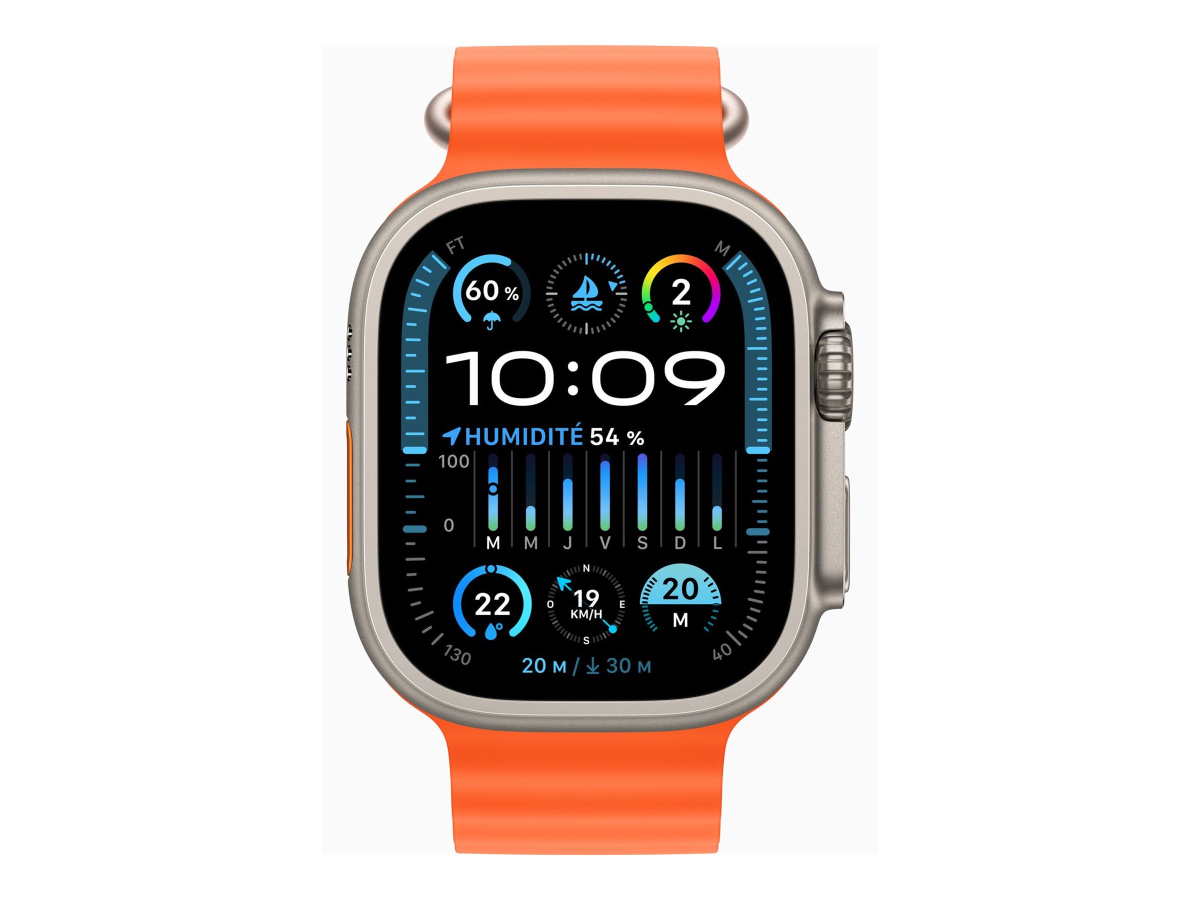 Apple Watch Ultra 2 - 49 mm - titane - montre intelligente avec Bracelet Océan - fluoroélastomère - de couleur orange - taille du poignet : 130-200 mm - 64 Go - Wi-Fi, LTE, UWB, Bluetooth - 4G - 61.4 g - MREH3NF/A - Montres intelligentes