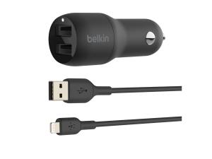 Belkin BOOST CHARGE Double chargeur - Adaptateur d'alimentation pour voiture - 24 Watt - 4.8 A - 2 connecteurs de sortie (USB) - sur le câble : Lightning - noir - CCD001BT1MBK - Batteries et adaptateurs d'alimentation pour téléphone cellulaire