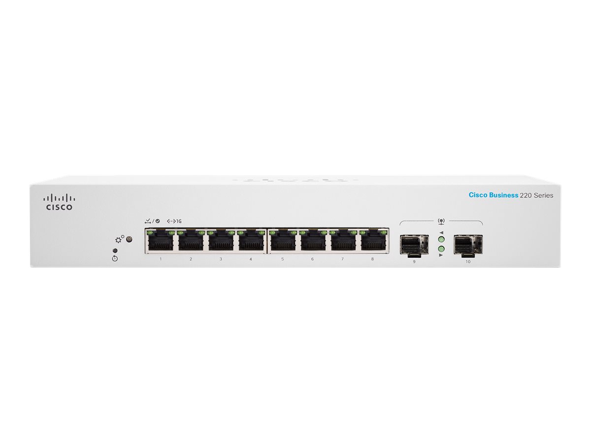 Cisco Business 220 Series CBS220-8T-E-2G - Commutateur - intelligent - 8 x 10/100/1000 + 2 x Gigabit SFP (liaison montante) - Montable sur rack - CBS220-8T-E-2G-EU - Concentrateurs et commutateurs gigabit