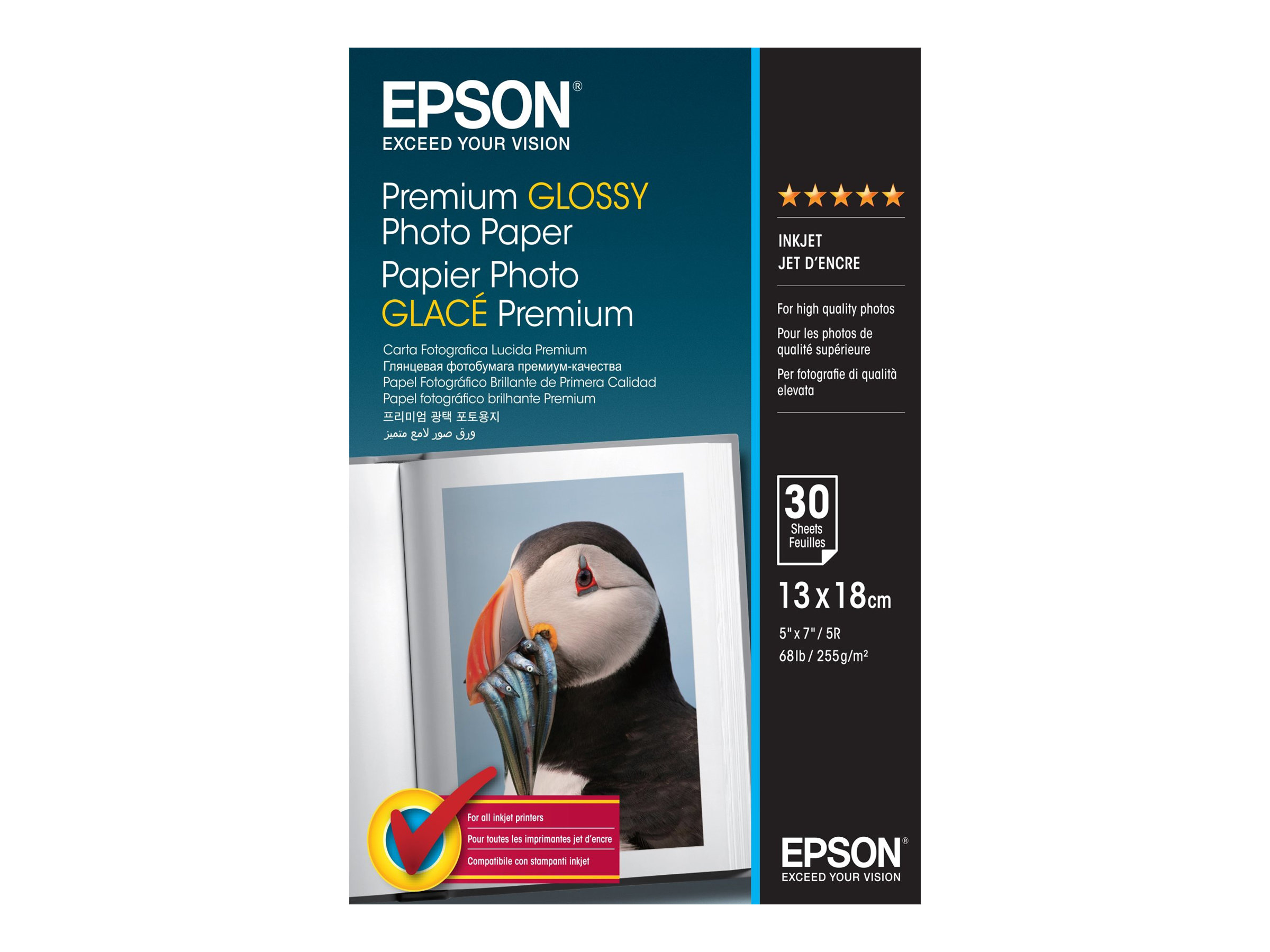 Epson Premium Glossy Photo Paper - Brillant - 130 x 180 mm - 255 g/m² - 30 feuille(s) papier photo - pour EcoTank ET-1810, 2810, 2811, 2814, 2815, 2820, 2825, 2826, 2850, 2851, 2856, 4800, 4850 - C13S042154 - Papier photo