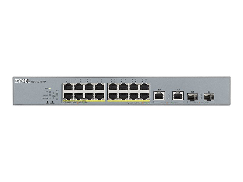 Zyxel GS1350-18HP - Commutateur - intelligent - 16 x 10/100/1000 (PoE+) + 2 x combo Gigabit Ethernet / SFP Gigabit - de bureau - PoE+ (250 W) - GS1350-18HP-EU0101F - Concentrateurs et commutateurs gigabit