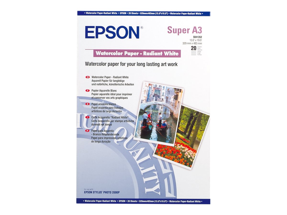 Epson - Blanc rayonnant - A3 plus (329 x 423 mm) - 188 g/m² - 20 feuille(s) papier aquarelle - pour SureColor P5000, P800, SC-P10000, P20000, P5000, P700, P7500, P900, P9500 - C13S041352 - Papier de couleur