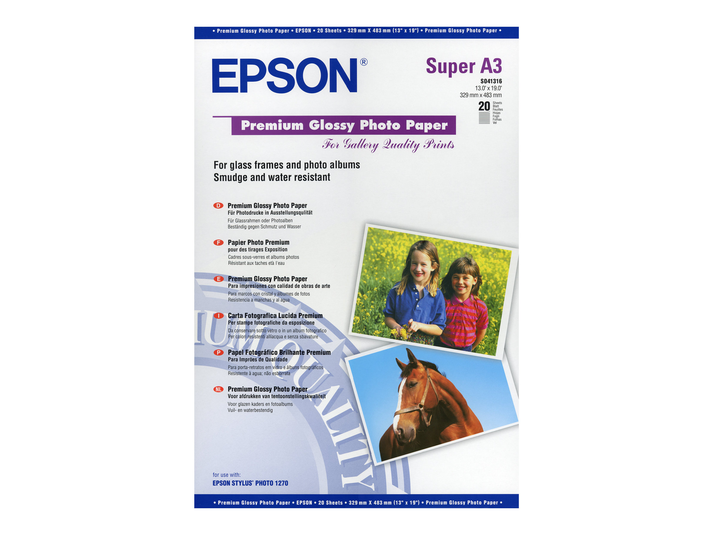 Epson Premium - Brillant - Super A3/B (330 x 483 mm) - 255 g/m² - 20 feuille(s) papier photo - pour SureColor SC-P700, P7500, P900, P9500, T2100, T3100, T3400, T3405, T5100, T5400, T5405 - C13S041316 - Papier photo